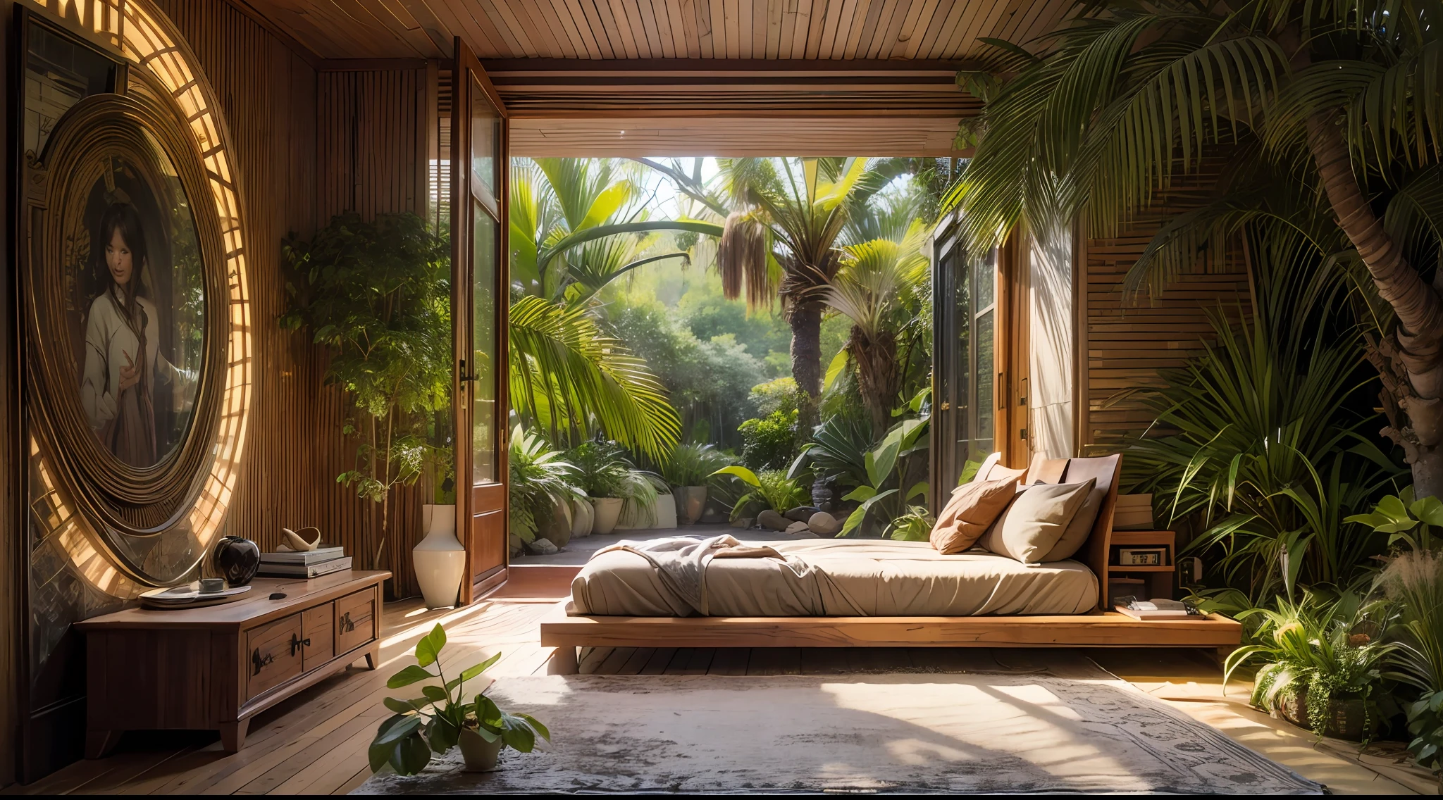 Deep in the jungle on a desert island、A house that seems to be a dream-like expression。Walk through the rich undergrowth、Follow the meandering path、The house gradually reveals fascinating details。, The exterior of the house is a fusion of natural elements and artistic ingenuity。The walls are constructed with a blend of weathered stone and wood、Seamlessly integrates with the surrounding environment。Lianas and flowers々Gracefully creeps up the side of the house、Creating a harmonious connection between architecture and nature。, A wooden bridge decorated with elaborate carvings imitating intricate jungle motifs、It spans a crystal clear creek that flows through the grounds。When you cross that bridge、Wide with carefully designed wooden railings depicting scenes of wild animals and leaves々and arrive at the veranda。, The thatched roof is a masterpiece of craftsmanship、Weaving layers of palm leaves provide insulation and atmosphere.。A chimney with mosaic decoration extends gracefully from the roof、It adds an artistic touch to the contours of the house。, Large windows with luxurious wooden frames invite natural jungle light into the interior、Creating an interaction between shadows and lighting。Inside, there is an atmosphere of magic and comfort、Vintage furniture and handmade pieces are exquisitely combined。, first-person view, Canon, masterpiece, best quality, highres, 8k