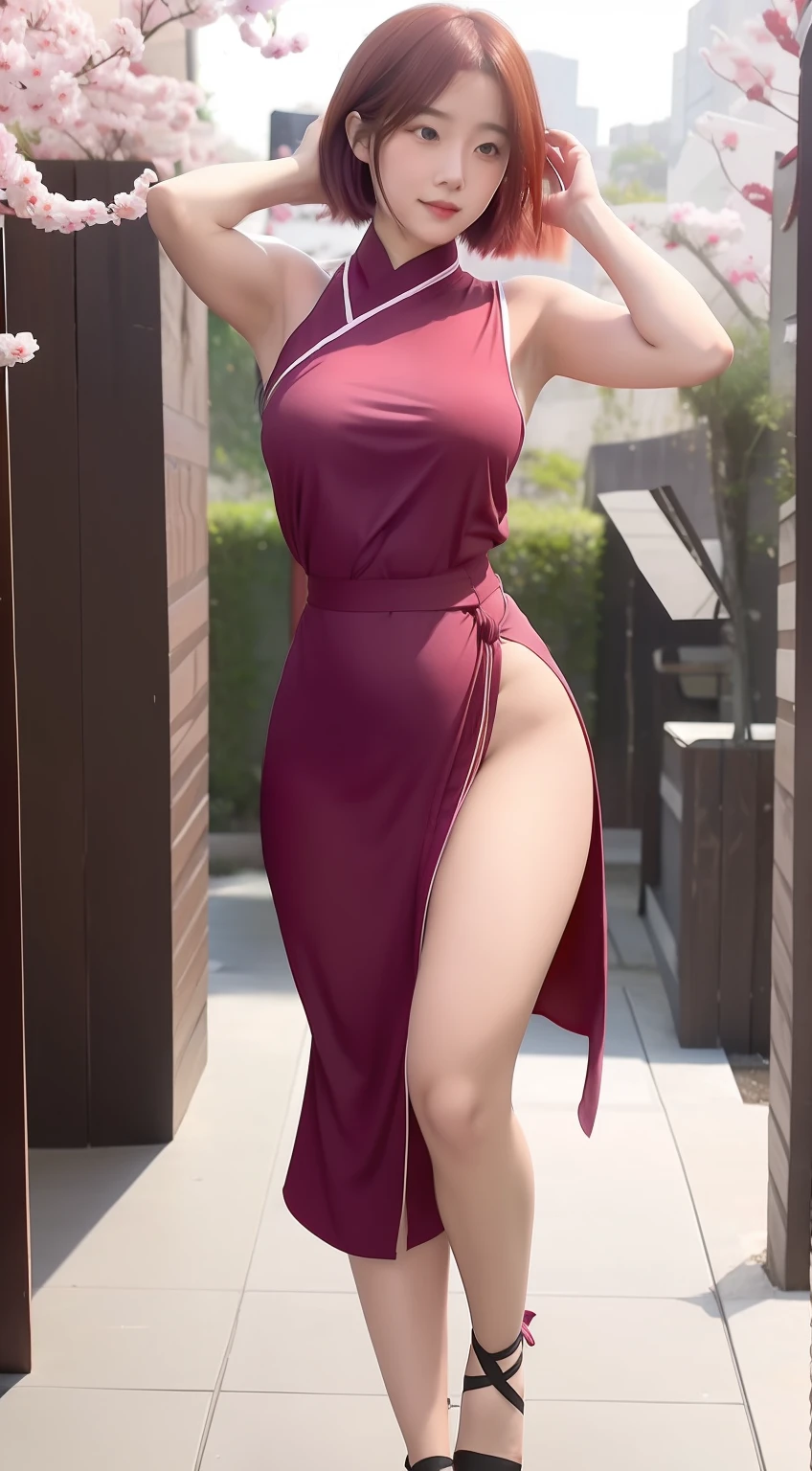 Sakura uchiha. A woman was walking in the yard. He wore a ginger-colored kimono with a cleavage on his left thigh. And black helles. His hands rise and feel at the back of his head. Her short hair was a graceful, swollen shade of pink. His shirt looked tight making the curves clear. Her breasts copied to look so big and round. He looked at the camera. She looks so hot and realistic