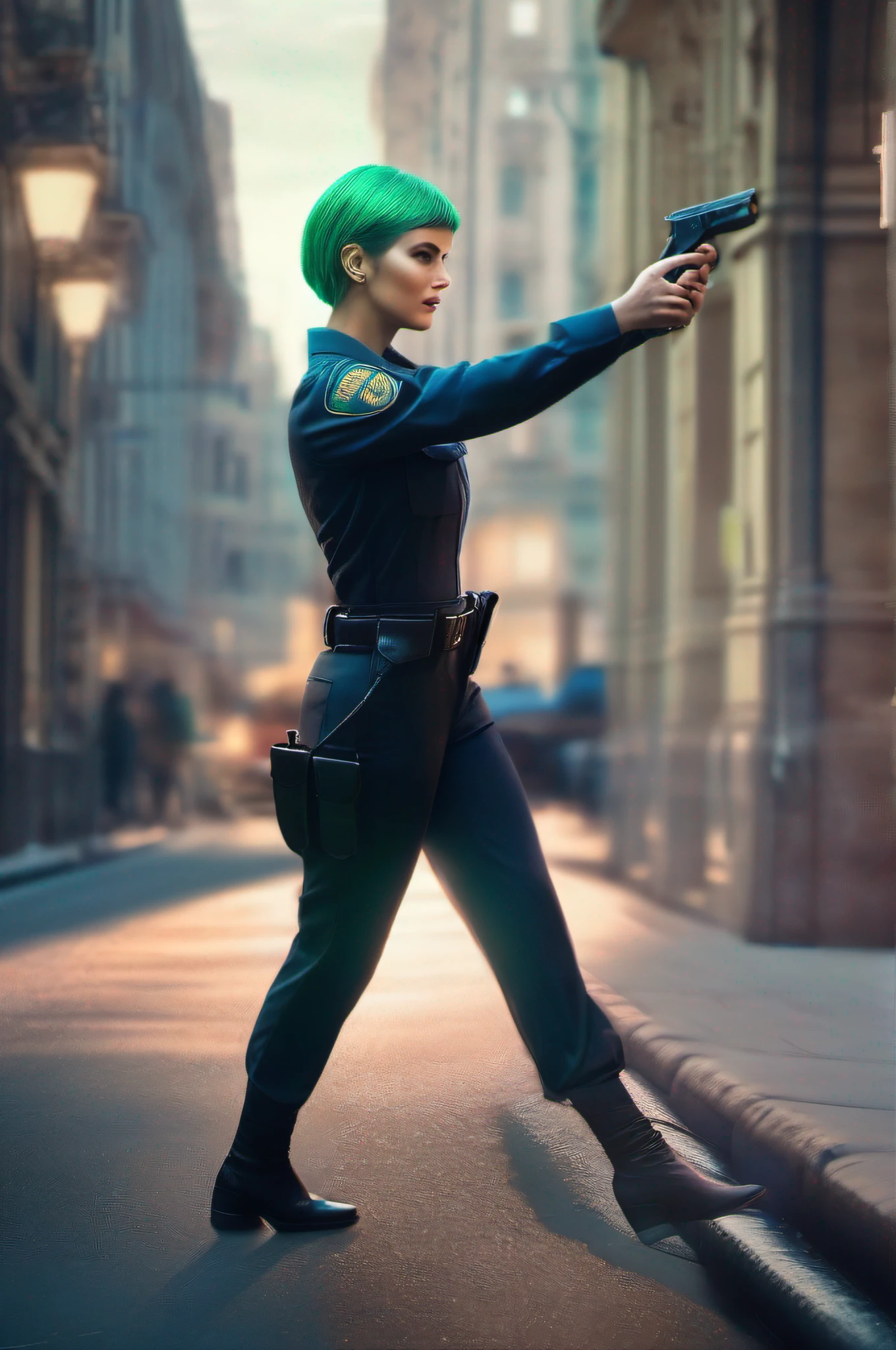 Beautiful female policeman catch a robber on the street, green short hair, blue eyes,Conceptual art, best photo shot, glowing light, realistic, UHD, textured skin, masterpiece, anatomically correct, best quality, 8k, full body,