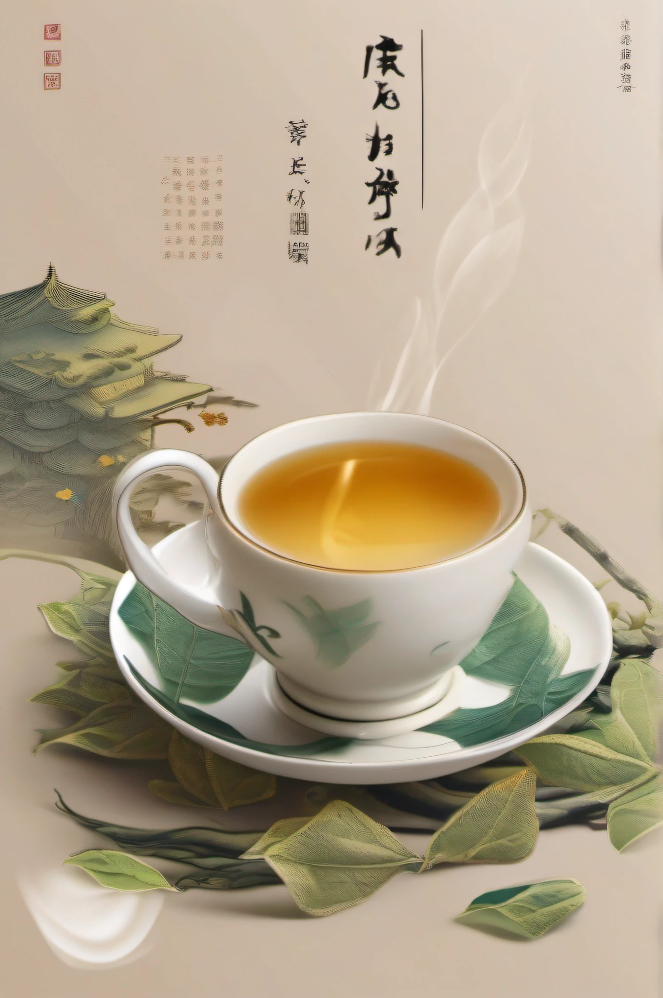 A steaming cup of tea as the protagonist,Tea pours out of the teapot,Form a graceful arc,Drop into cup。 The color of the tea takes on a deep amber hue,It contrasts with the porcelain white of teapots and teacups。 The teapot is beautifully designed,line sleek,Exudes a classical charm。 In the background, green tea leaves are full of eyes,They are densely packed,It's like an emerald ocean。 Tea leaves come in different shapes,Some are curled,Some expand,Their green color appears more vivid when illuminated by light。 The whole picture gives a sense of tranquility and life,It seems that you can smell the fragrance of tea leaves,Feel the warmth of the tea。