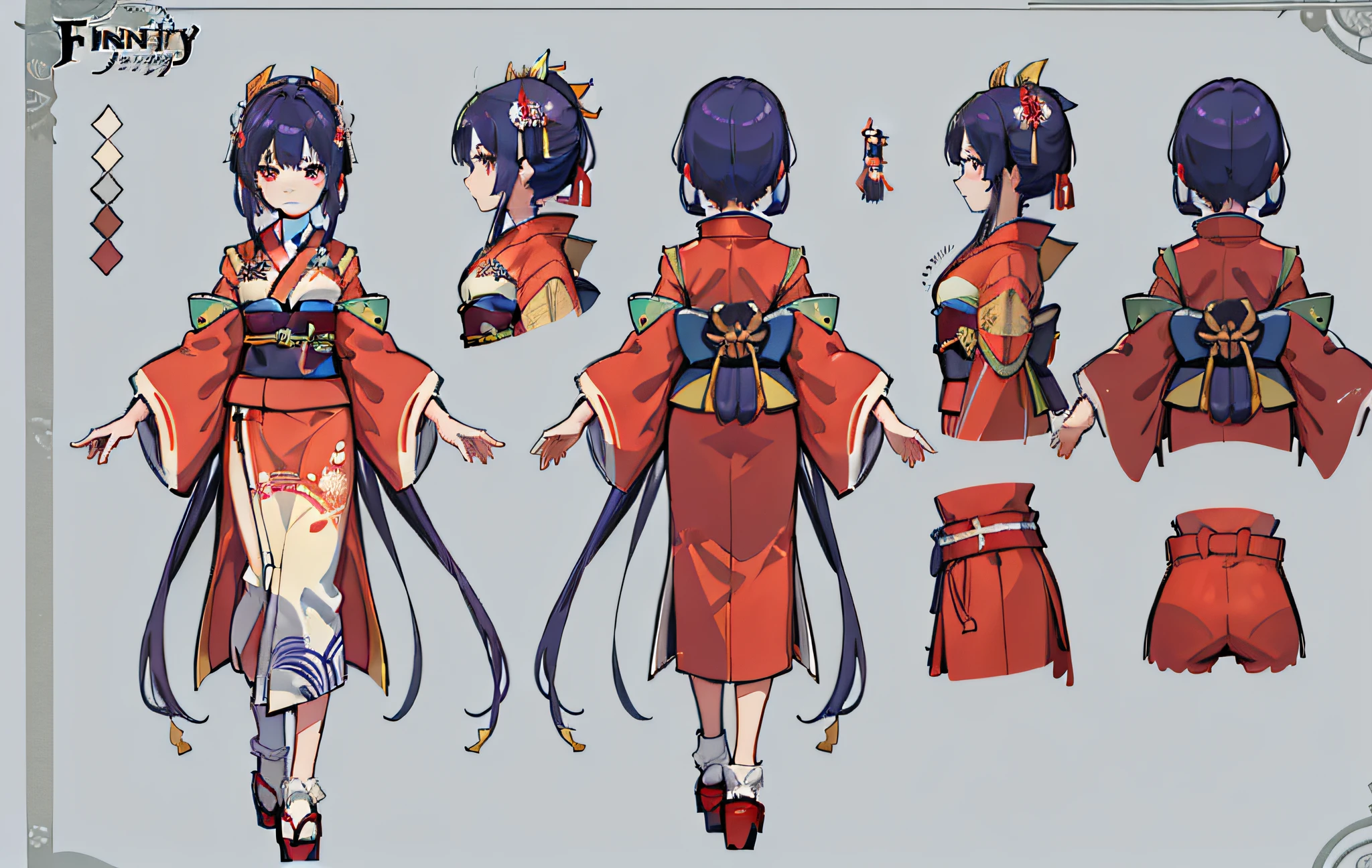 1人, reference sheet, (Fantasy character design, Front, back, Side) girl, kimono, japanese goddess, royal kimono