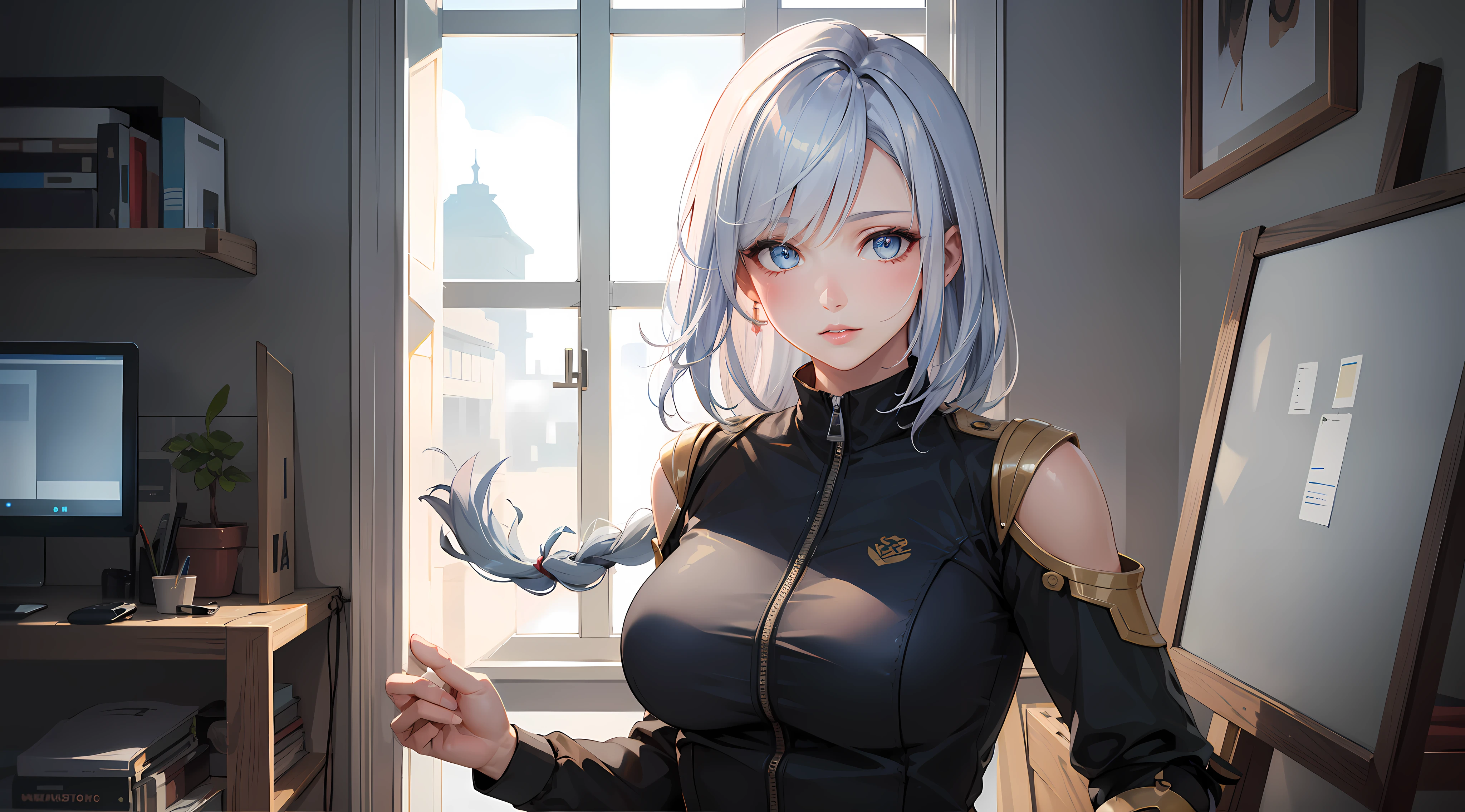 office girl, office clothes, upper body, seductive look, blush, indoors, in office, looking at viewer, cloudy, moody lighting, (perfect detail eyes:1.2), glowing eyes, (long hair one braid:1.2), elemental skill effect, (Masterpiece, Best Quality, High Quality:1.4), professional artwork, Intricate Details, field of view, sharp focus, detailed painting, photorealistic lighting, trending on pixiv, (vivid lighting, vibrant colors:1.05), realistic shadows, ambient occlusion, (athletic body:1.3), mature woman, 30yo,