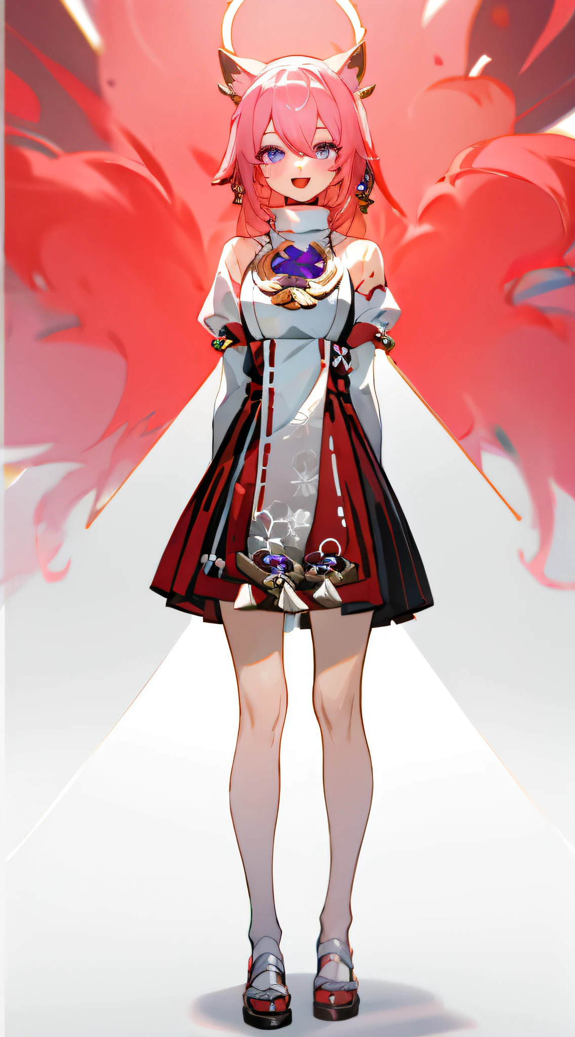 full body, upright, arms at sides, looking at viewer, pure-colored background, 1girl, open mouth, cat ears, smile, yaemikodef
