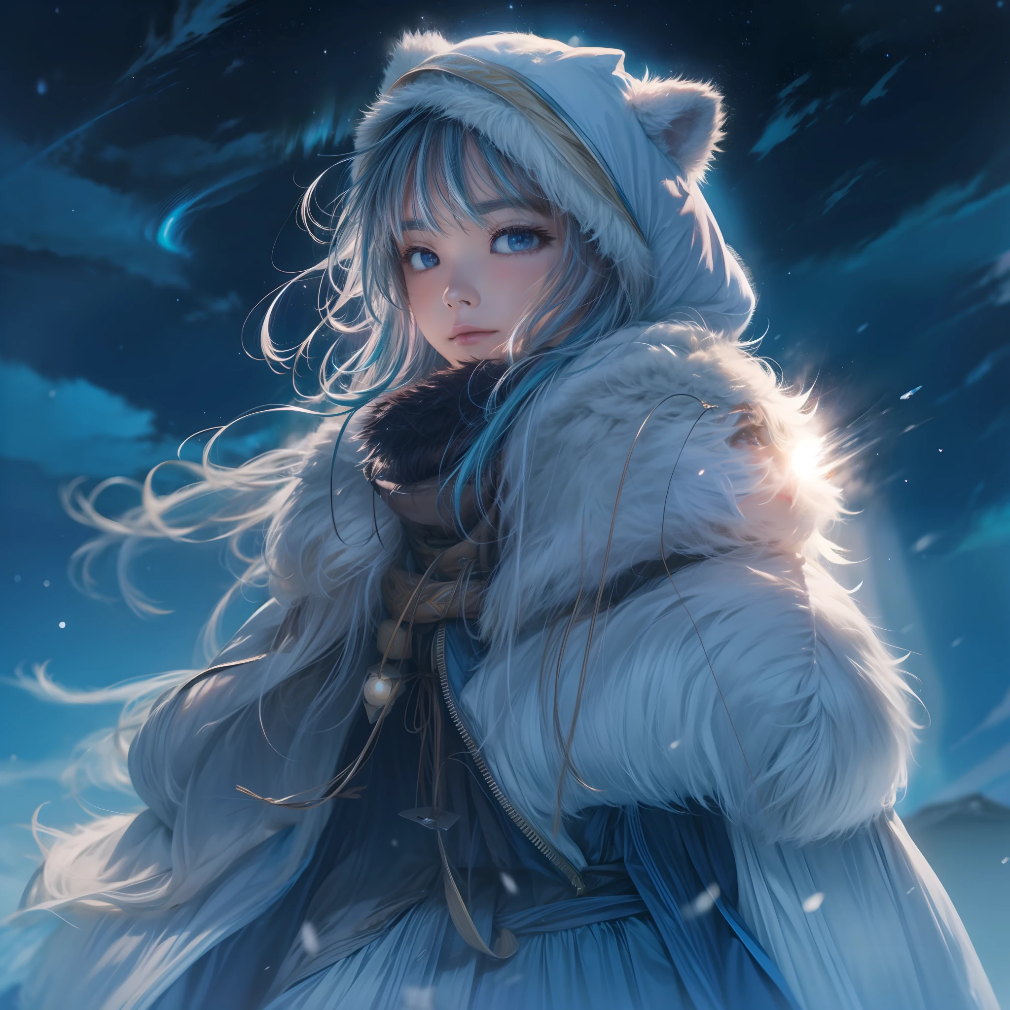 The subject is、Short-cut young woman with black hair represented in 8K resolution。She stands in the middle of the vast earth of the polar night.、The figure is projected on ice。Behind her、Countless stars in the night sky々with the、Watch colorful aurora borealis soar over。This Northern Lights、Green or blue、Purple and other colors are mixed and fluttering in the sky.。
Her attire is、Thick white coat to protect against extreme cold。The hood of the coat is decorated with fur.、I'm warming her neck。In her hand、Old-fashioned lanterns in hand、The light slightly illuminates the surroundings。The light of the lantern is、Making shadows on the ice and at her feet。
At the foot、Expanses of snow and ice、Every time she walks on it、There is a light sound.。The starry sky behind her and the beauty of the Northern Lights、It makes her presence even more prominent.。
from distance、The sound of the wind or the creak of ice、And a howling sound is heard。In this polar night、Her presence as a point of light、Its silence and beauty、And exudes a mysterious atmosphere。
Her eyes were staring at the starry sky.、There is anticipation and hope in their eyes.、Eta、The excitement of an unknown adventure is felt。In this polar night、It's as if she's eagerly waiting for new discoveries and the beginning of adventure。