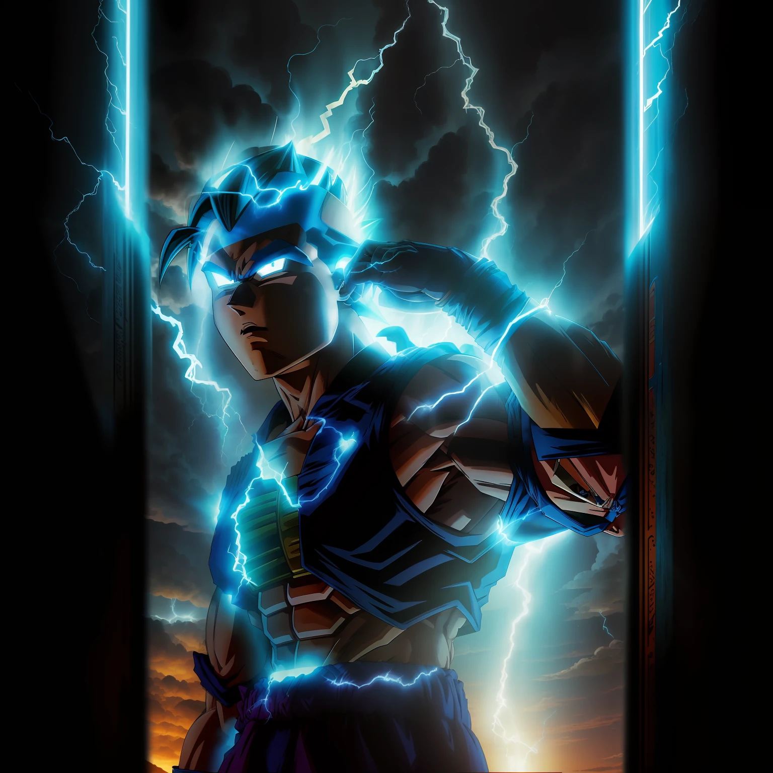 masterpiece, best quality, Vegeta super Saiyan blue, blue hair Blue Lightning Point one's finger at oneself