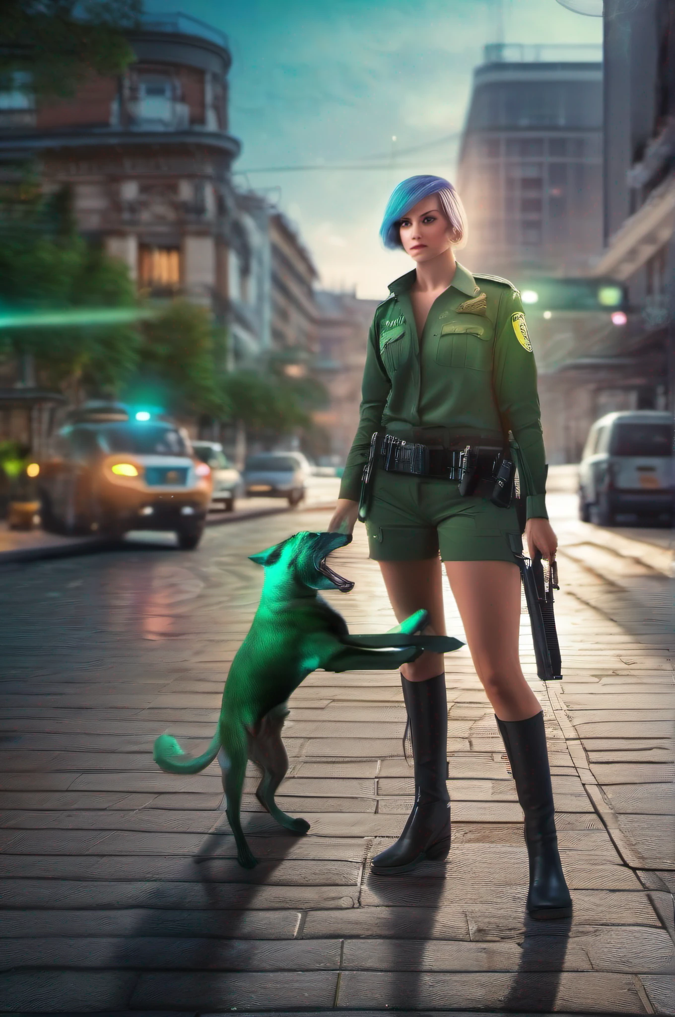 Beautiful female policeman catch a robber on the street, green short hair, blue eyes,Conceptual art, best photo shot, glowing light, realistic, UHD, textured skin, masterpiece, anatomically correct, best quality, 8k, full body,
