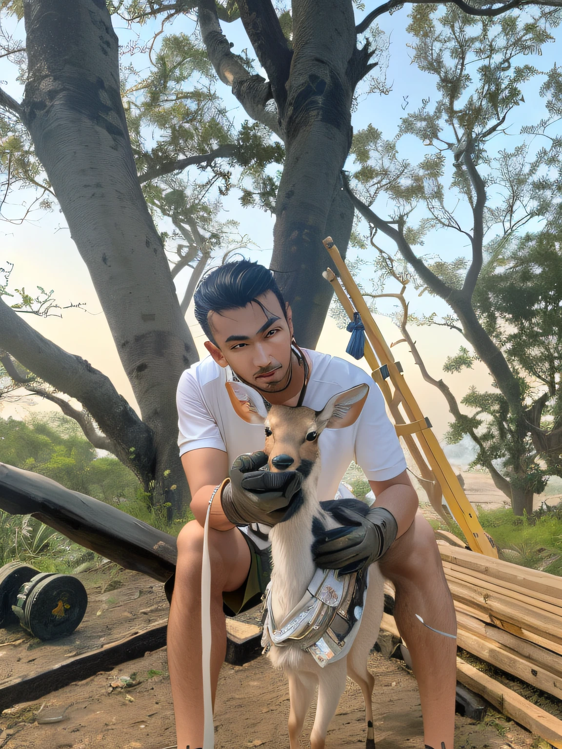 Arakfi wore a seat belt around his neck，A man wearing gloves holds a small sika deer with a long neck, friendly guy and small creature, Uptrend ，, Chiba Yuda, roberto ferri and ruan jia,, exclusive, ruan jian, Help me, holding a goat head staff, chinese artist, And his hyperactive little sika deer