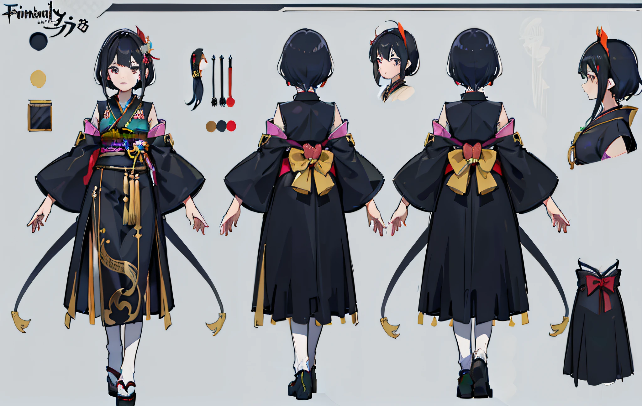 1人, reference sheet, (Fantasy character design, Front, back, Side) girl, princess, long black hair, kimono, koi