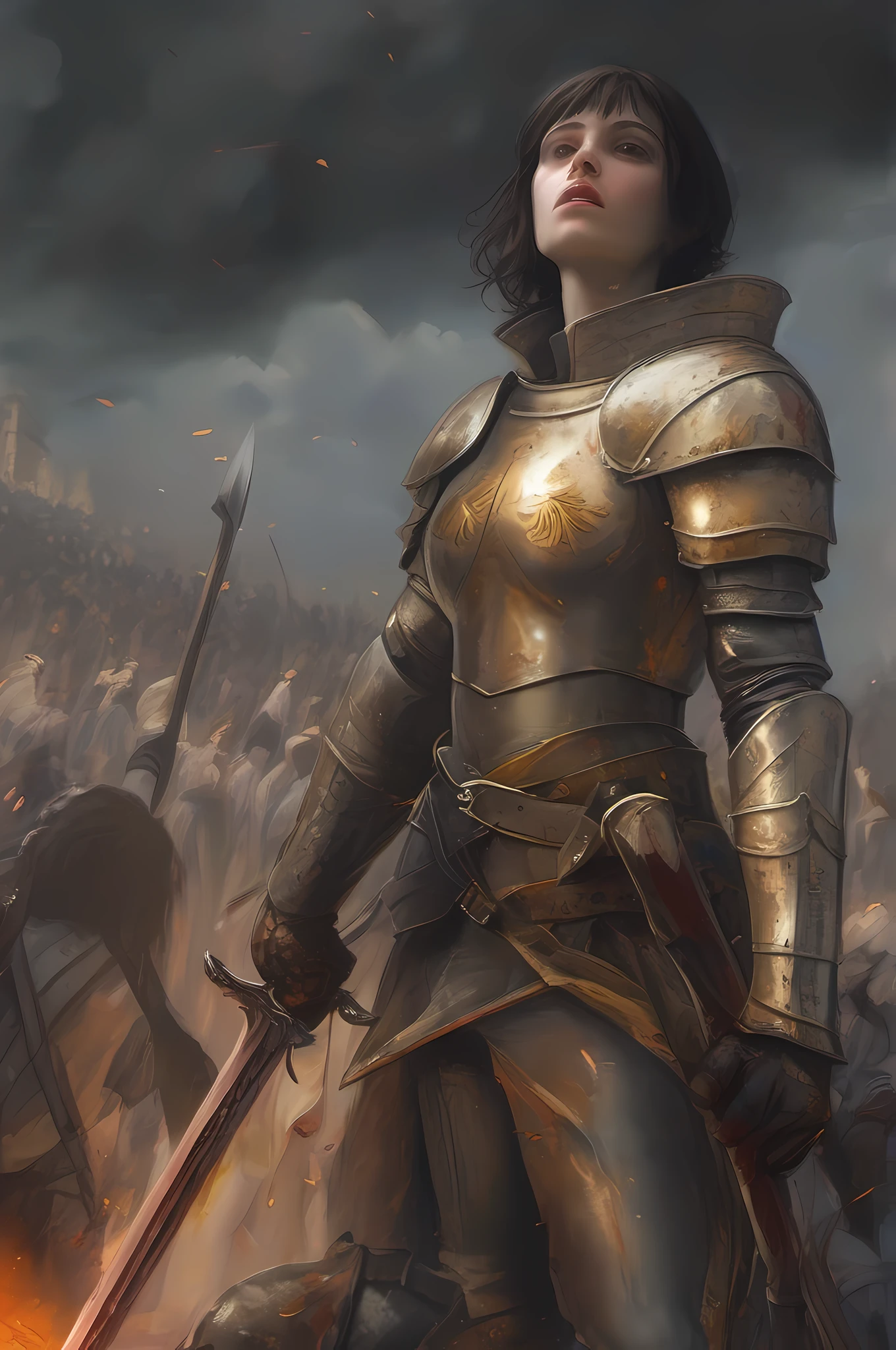 Joan of Arc is standing in the square, around her there is a lot of fire and warriors, some of them are dead, blood is visible on her armor, she holds a sword high above the ground, blood is visible on her sword and armor, she has black short hair without bangs, yellow eyes, pale skin, dramatic lighting, dark weather, dark tones, super detailed