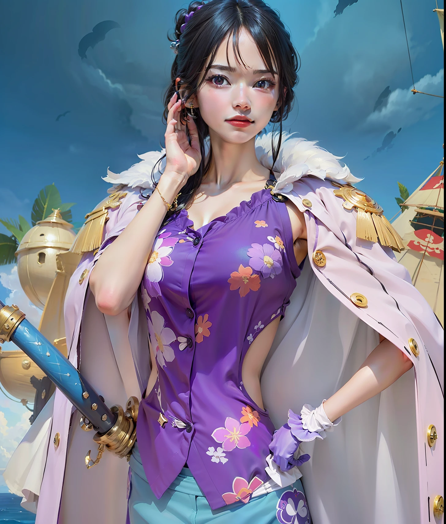 (((masterpiece+best quality+high resolution+ultra-detailed))), high nose + pirate ship background, blue sky, clouds,dynamic angle and posture.tashigi\(one piece\),black hair,black eye,with eye galasses,purple floral dress,have a sword,blue pants,