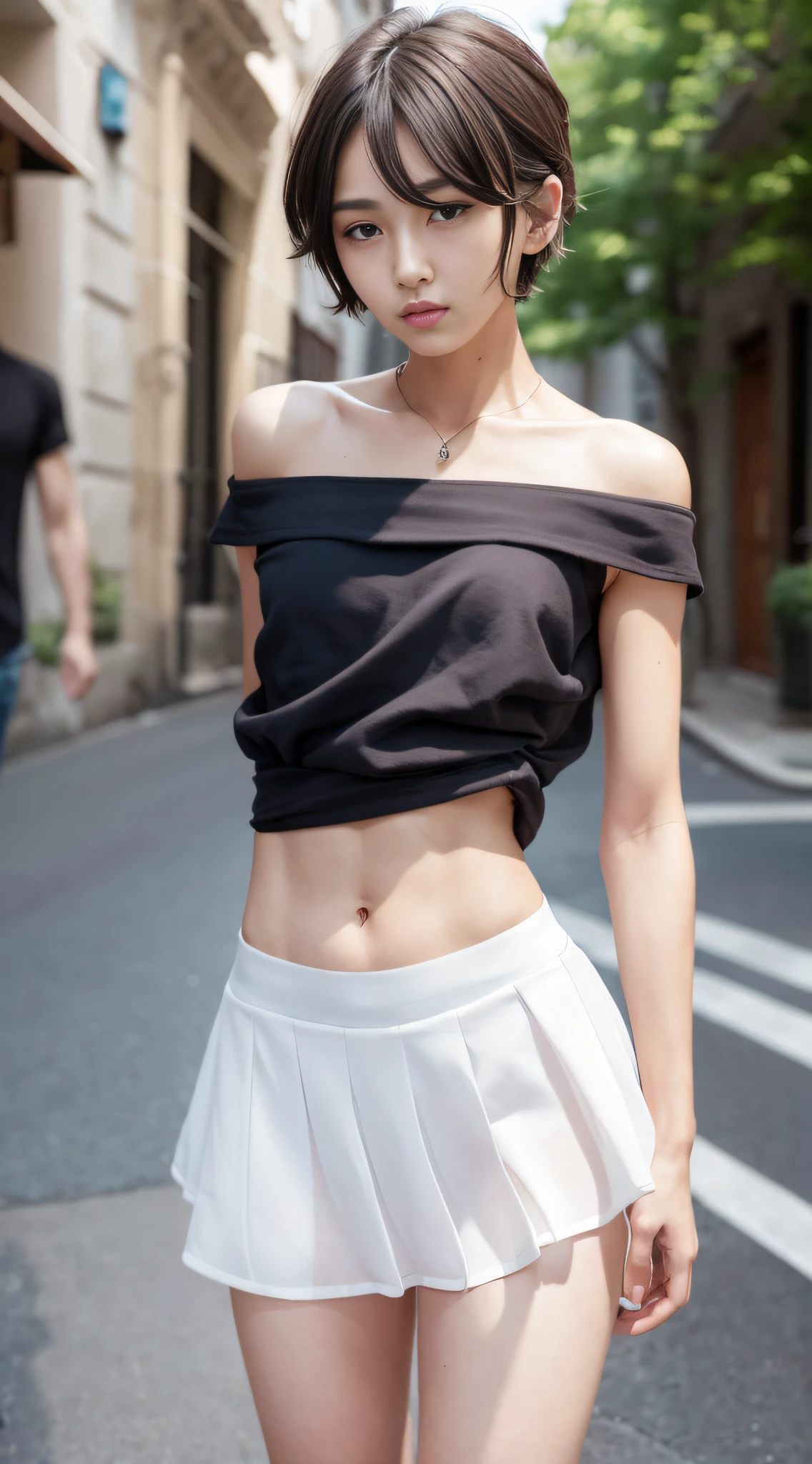 Boy's chest、woman body、Beautiful face like a woman、Large bulging crotch、Body without breasts、 body without muscle、Very flat、very flat chest、very thin breasts、thin breasts without very bulge,,,,,、Beautiful boy with a slender body、Slim body、constricted hips、lithe body、Women's men、Beautiful boy with bob hair、Beautiful boy、Beautiful boy、In the street、hairarmpits、makeup、Stand in off-shoulder ruffled trim blouse and mini flared skirt