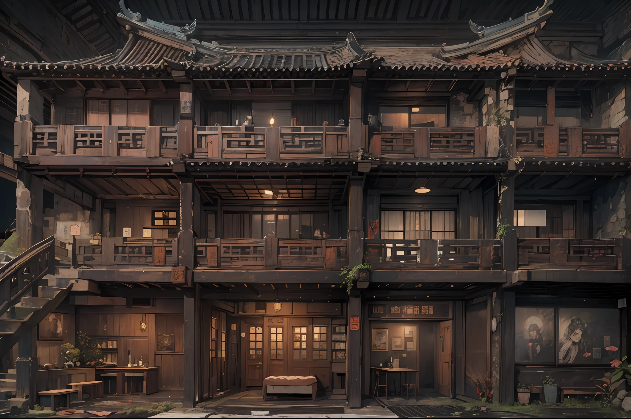 profile view(Interior of a four-story building)、Multiple rooms are neatly arranged,Chinese horror style(Old horror),(Conceptual digital art,The is very detailed,reasonable design,Clear lines,k hd,The best quality,tmasterpiece,超高分辨率,4K)