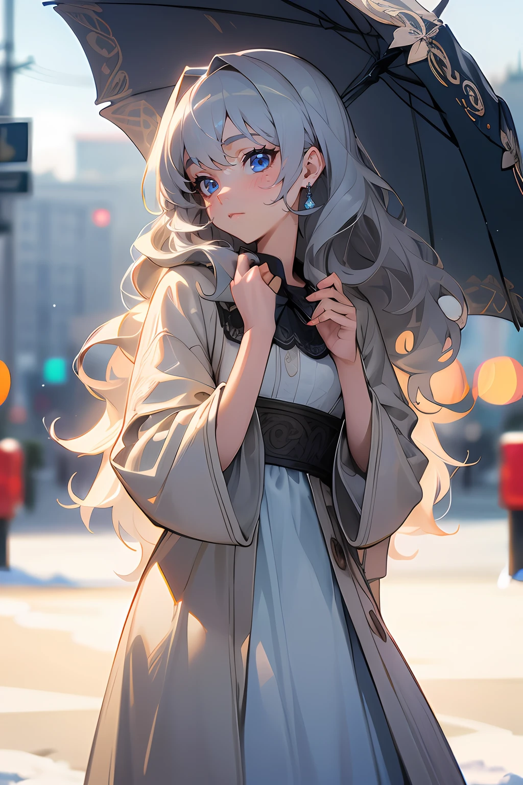 (masterpiece, best quality), intricate details, 8k, sharp focus, (bokeh) (best quality) (detailed skin:1.3) (intricate details) (8k) (detailed eyes) (anime) (perfect face) grey hair, blue eyes, wavy hair, medium hair, elegant, beautiful, modern, girl, medium chest, bright, outdoors, winter, fashionable, model, pose, long dress, coat