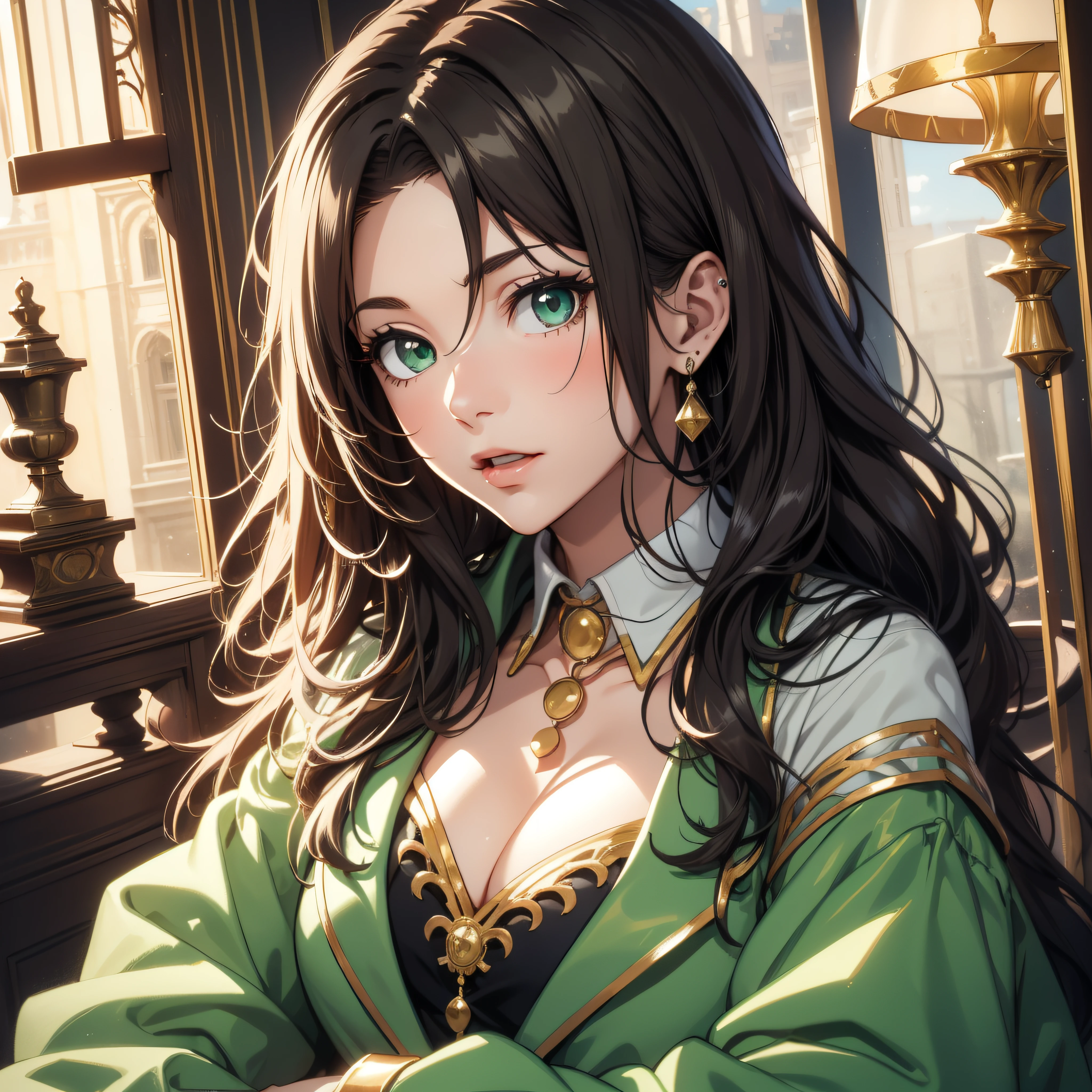(best quality, masterpiece, ultra-detailed, extremely detailed, highres), (1girl, single, solo), 18 years old Anime girl, long raven hair, slightly wavy hair, parted bangs, open top collar, cleavage, (skin texture:0.7), Magus, green eyes, earring, long black coat, white shirt, black skirt, aristocrat, noble attire, beautiful, ethereal, elegant, prestigious, classic, royal palace, royal atmosphere