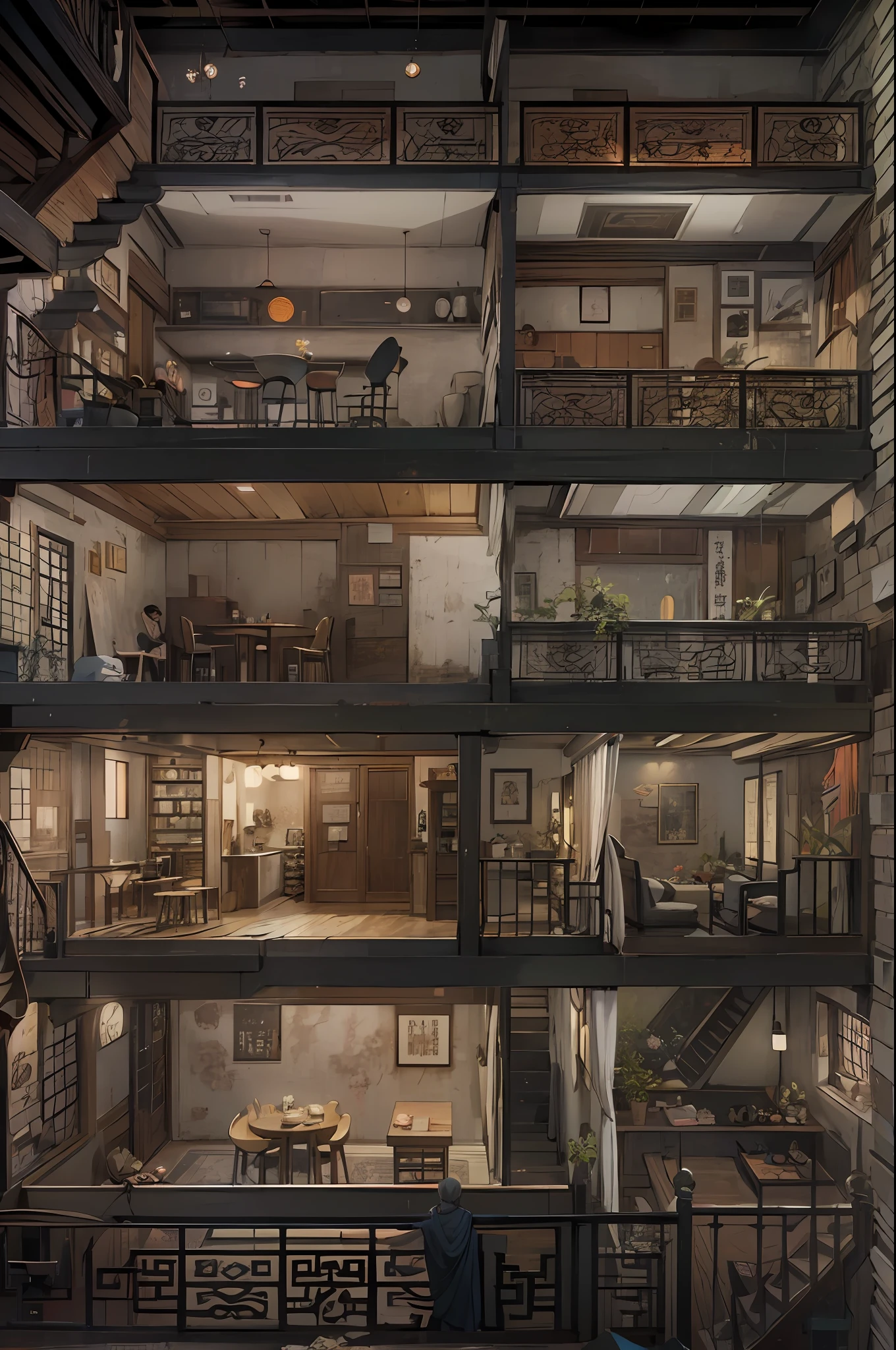 profile view（Interior of a four-story building）、Multiple rooms are neatly arranged，Chinese horror style（Old horror），（Conceptual digital art，The is very detailed，reasonable design，Clear lines，k hd，The best quality，tmasterpiece，超高分辨率，4K）