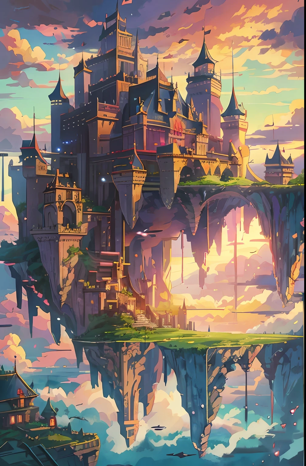 anime castle floating in the sky with a sunset in the background, flying cloud castle, palace floating in the sky, an immense floating castle, castle in the sky, castle in the sky style, flying castle, palace floating in heaven, cloud palace, abandoned castle in the sky, beautiful detailed fantasy, fantasy castle, high fantasy castle, floating palace