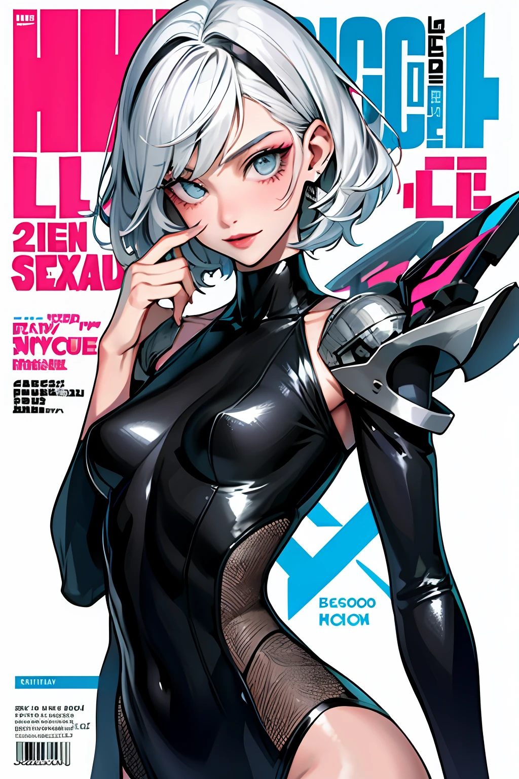 (MagazineCover:1.3),(originals:1.2),Extremely detailed magazine cover style digital painting, (Magazine cover style illustration of fashionable women dressed vibrantly), Abs, adding a touch of fantasy to the scene, The cover text should be bold and eye-catching,Plus the title of the magazine and the catchy headline,(tmasterpiece,top Quority,best qualtiy,offcial art,Beauty and aesthetics:1.2),(1girll:1.3),Fault art,(Digital distortion),Pixelate fragments,corrupted data,Color noise,visual chaos,contemporary aesthetics,short detailed hair,silvery white hair,Mean smile, High-top swimsuit,cyber punk style,looking to the camera, Side lighting, Makeup, Makeup,(little breast:2),Poor milk
