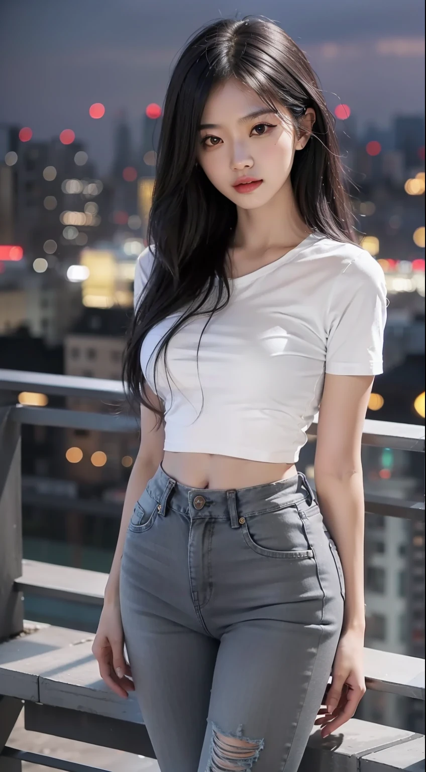 A Chinese woman on the rooftop of a tall building at night, fluffy hair, delicate face, realistic, real, slim, large aperture, sexy shot, attractive pose, Instagram model, wearing black jeans and gray top, tight jeans, long pants, cropped shirt, navel, short sleeves, gray shirt, tight shirt, black jeans, gray top,