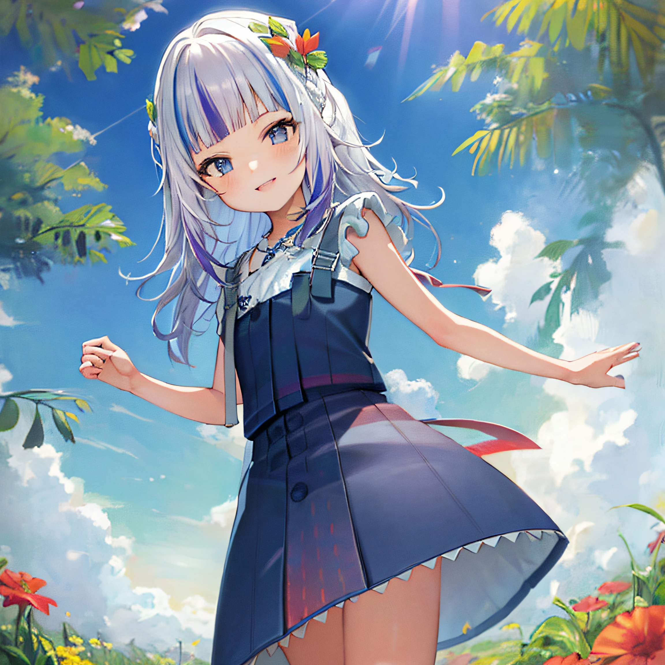 tmasterpiece， A high resolution， Best quality at best， ultra - detailed， Perfect litthing， gawrgura， frill dress， ssmile， （（rays of sunshine））， （（flower  field））， detailedbackground，Purple colored hair
