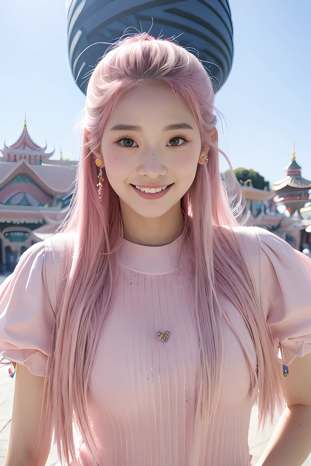 (extra detailed body、extra detailed face、best qualtiy:1.2)、femele、looking at the viewers、(、a smile、A pink-haired、Lunette de soleil、Fancy piercings、Zambus、Hair ornament larger than the head)、(Pink architecture on background:1.4)、Midjourney Worldview