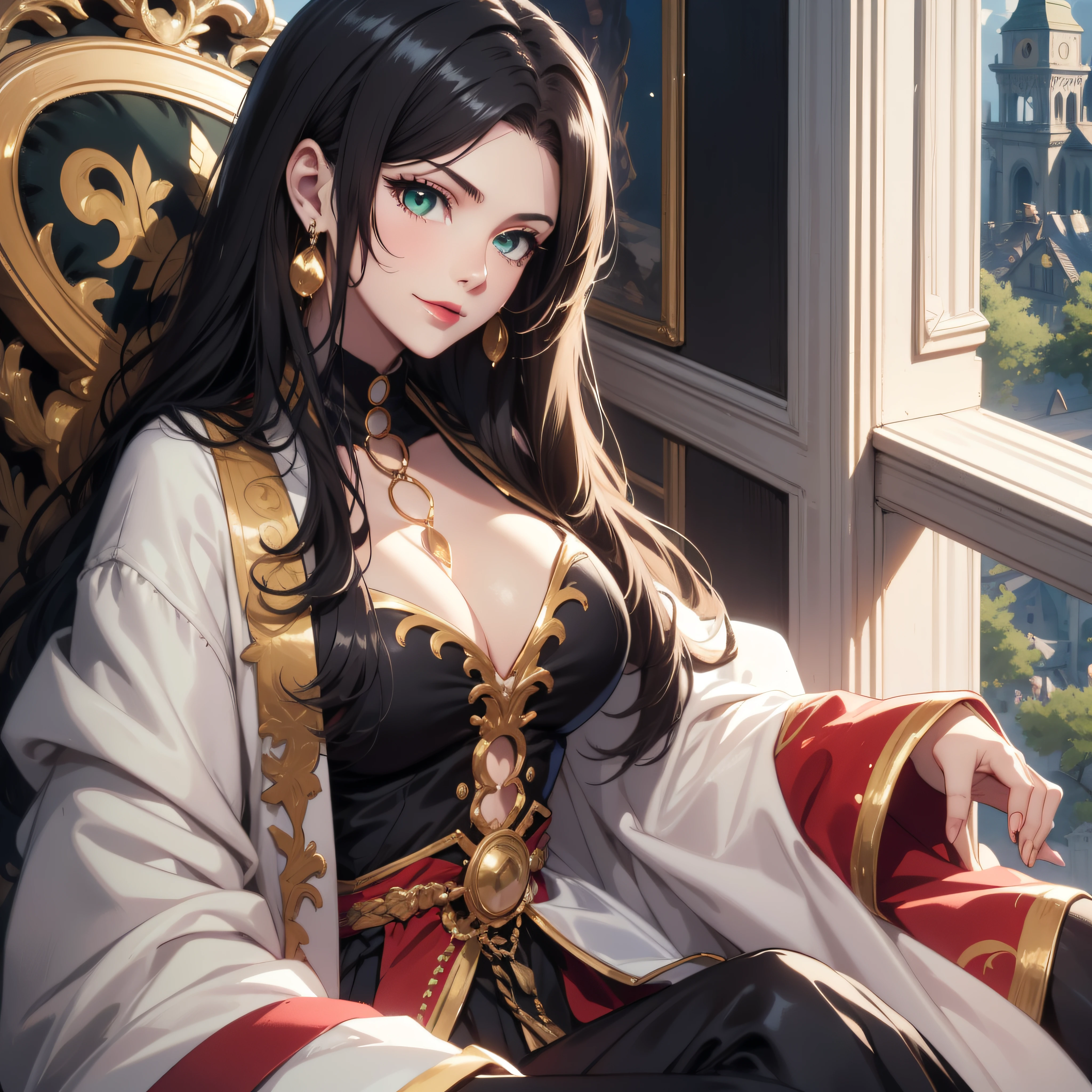 (best quality, masterpiece, ultra-detailed, extremely detailed, highres), (1girl, single, solo), 18 years old Anime girl, long raven hair, slightly wavy hair, parted bangs, open top collar, cleavage, (skin texture:0.7), Magus, green eyes, earring, long black coat, white shirt, black skirt, aristocrat, noble attire, beautiful, ethereal, elegant, prestigious, classic, royal palace, royal atmosphere, red lips, beautiful smile