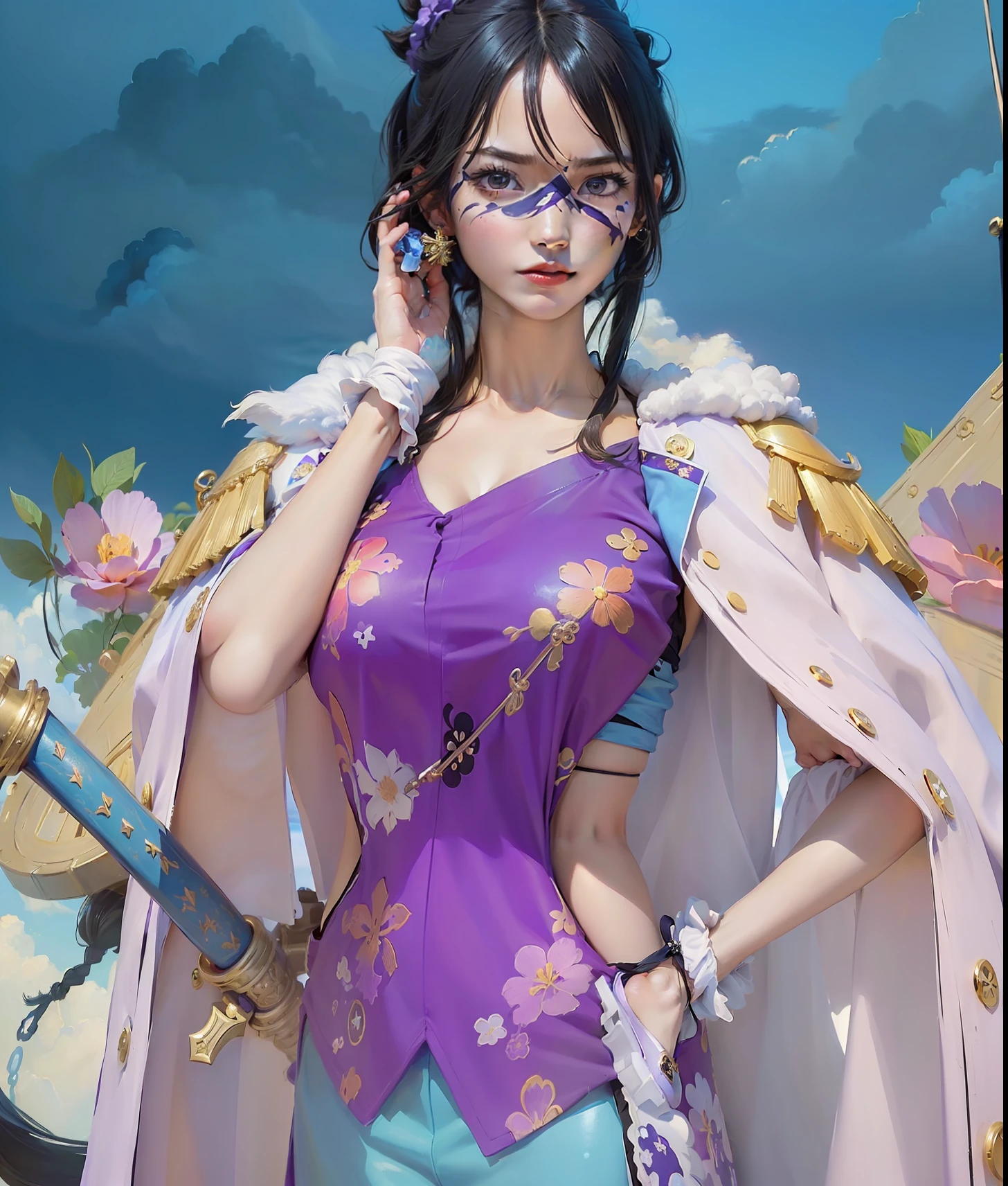 (((masterpiece+best quality+high resolution+ultra-detailed))), high nose + pirate ship background, blue sky, clouds,dynamic angle and posture.tashigi\(one piece\),black hair,black eye,with eye galasses,purple floral dress,have a sword,blue pants,