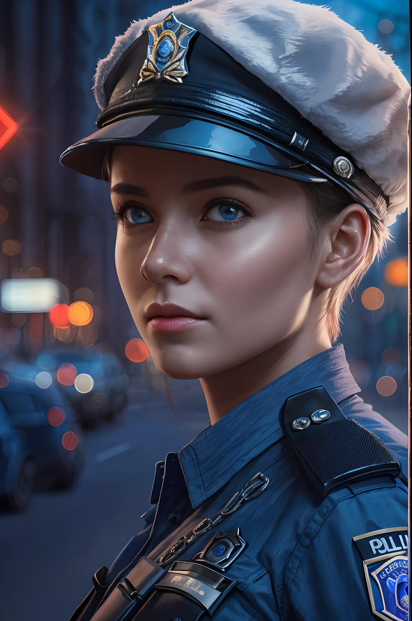 A beautiful female police officer is policing traffic, short hair, blue eyes,Conceptual art, best photo shot, glowing light, realistic, UHD, textured skin, masterpiece, anatomically correct, best quality, 8k, full body,