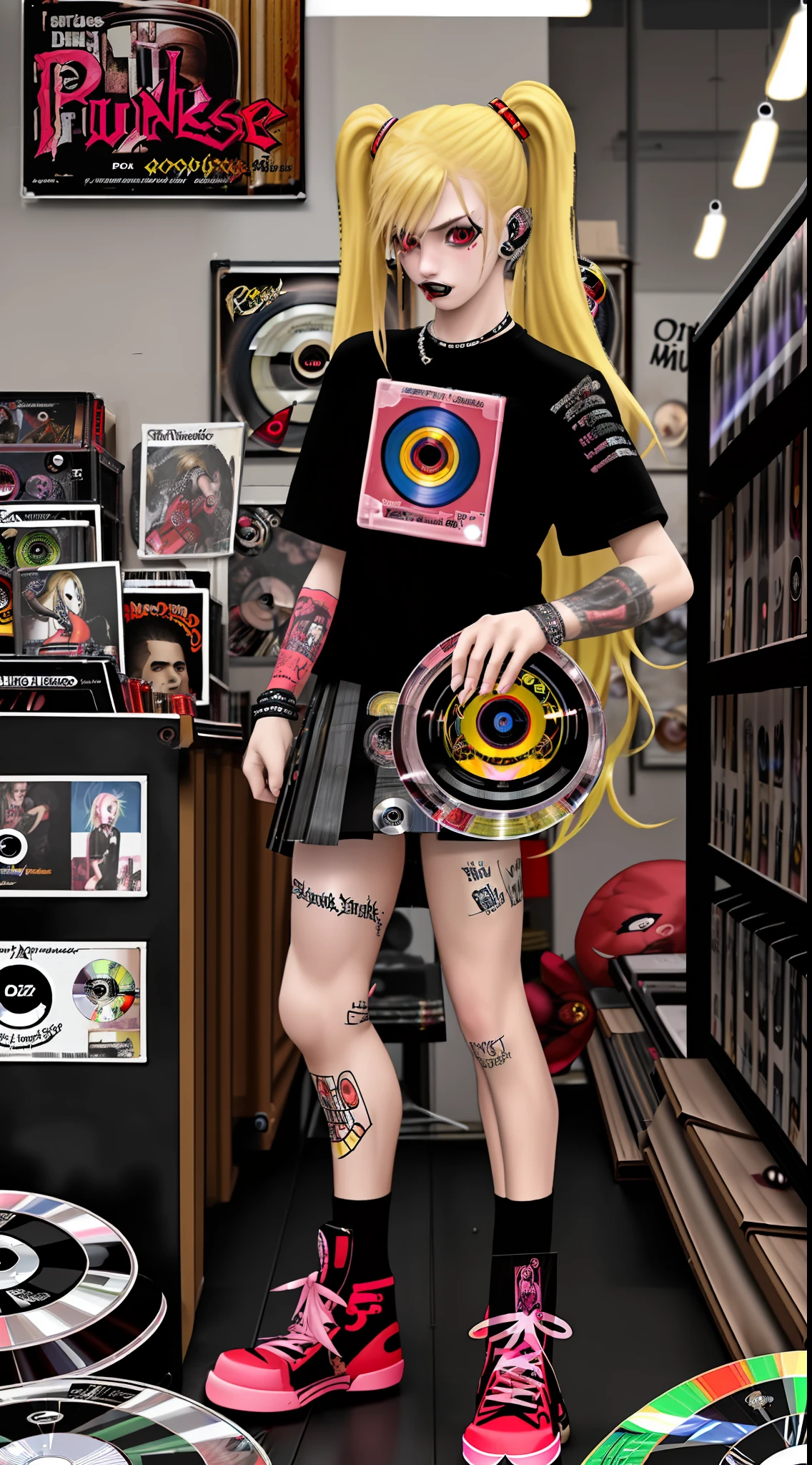 18 y.o. cute punk shop salesman behind the counter wearing punk clothes, long blonde hair, skirt, red glowing eyes, punk, music shop, (stuffed cd:1.4), (stuffed punk things), musical instruments, hires, masterpiece, best quality, detailed, extremely detailed,