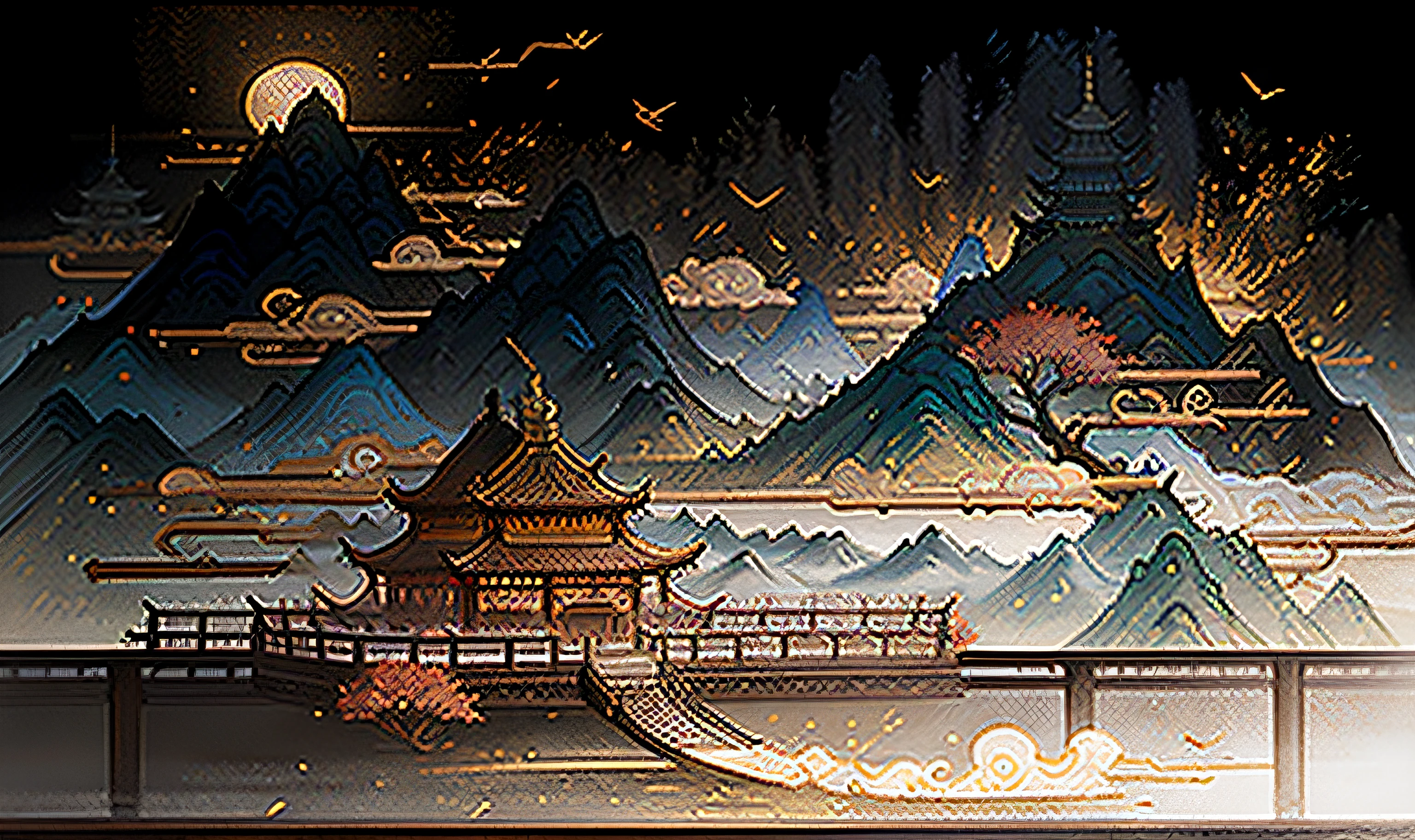ancient chinese painting, ancient chinese background, mountains, river, auspicious clouds, pavilions, sunlight, masterpiece, super detail, epic composition, ultra hd, high quality, extremely detailed, official art, unified 8k wallpaper, super detail