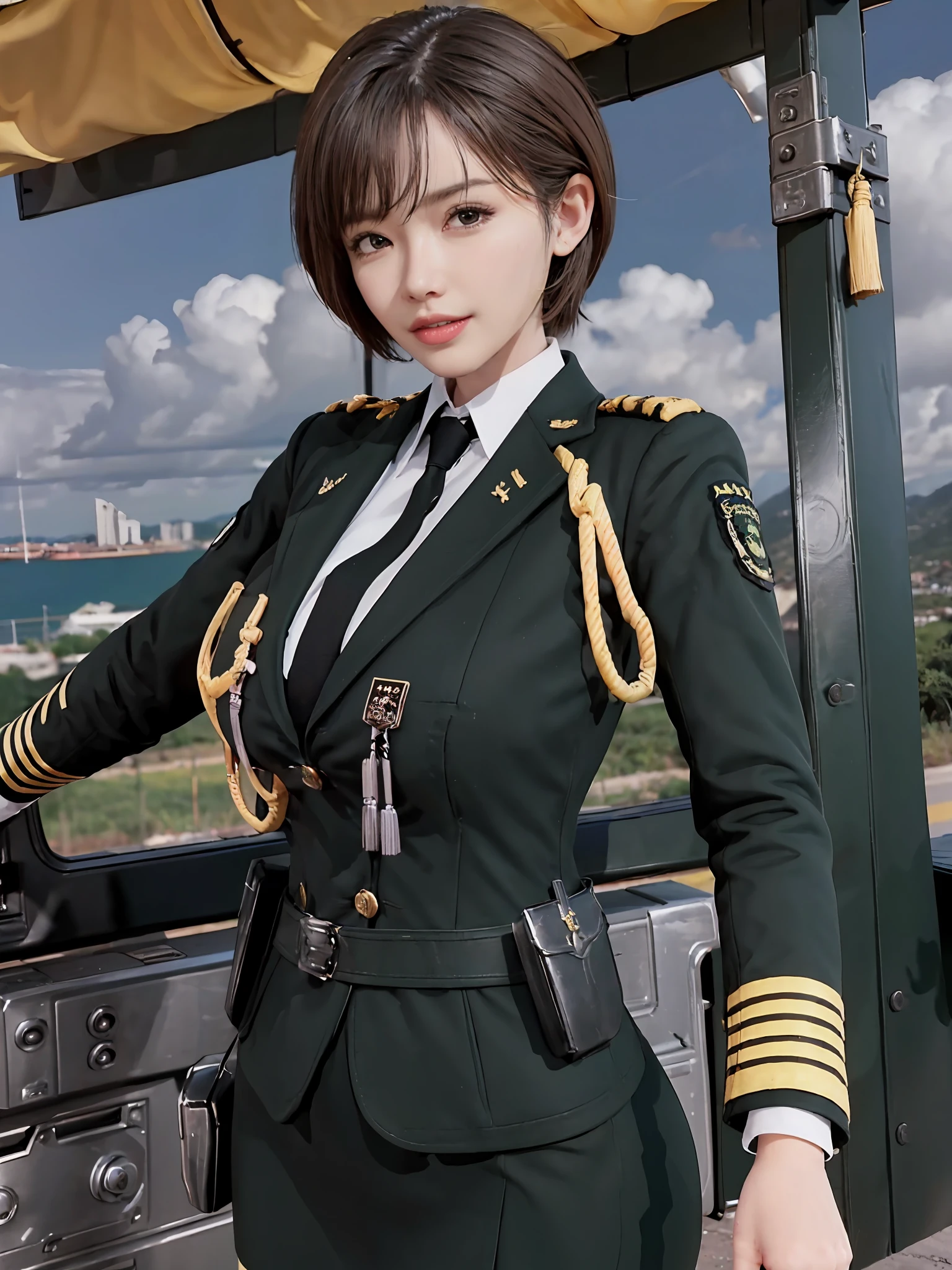 Very detailed CG unity 8K wallpaper，（tmasterpiece），（best qualtiy），（ultra - detailed），（Ultra photo realsisim），（best character detail：1.36），Nikon D750 f / 1.4 55mm，profesional lighting， physically-based renderingt, 1girll, Female soldier，army suit，Green military uniform，Fabric texture military uniform，Pure white lining，Dark green tie，Black hair，the golden ratio,[:(com rosto detalhado:1.2):0.2]:,PureErosFace_V1, broad shoulder,(Bigchest:1.5),(big assa:1.5)，Soaked with sweat，Place your hands on your chest，red flags，At the cafe，Splendid scenery，bright sun，upper body photos，Flag of China，A bright smile，White teeth，lighting，Contre-Jour，