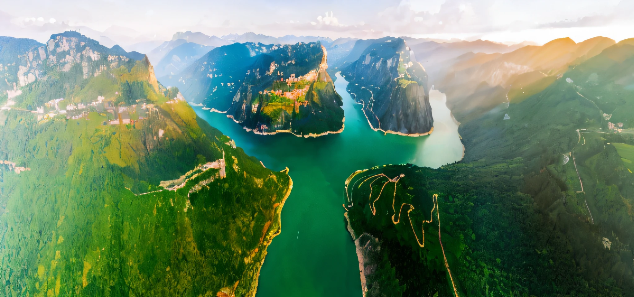 The river runs through the Alafid landscape of the valley,The background is mountains, “ aerial view of a mountain, Mountains and rivers, Incredibly beautiful, aerial view of an ancient land, Winding rivers, wide river and lake, wide angle river, Beautiful environment, very very beautiful, mid-air, illustration,Hand-drawn( Visually stunning, 4k drone photography, shutter inventory, Breathtaking landscapes