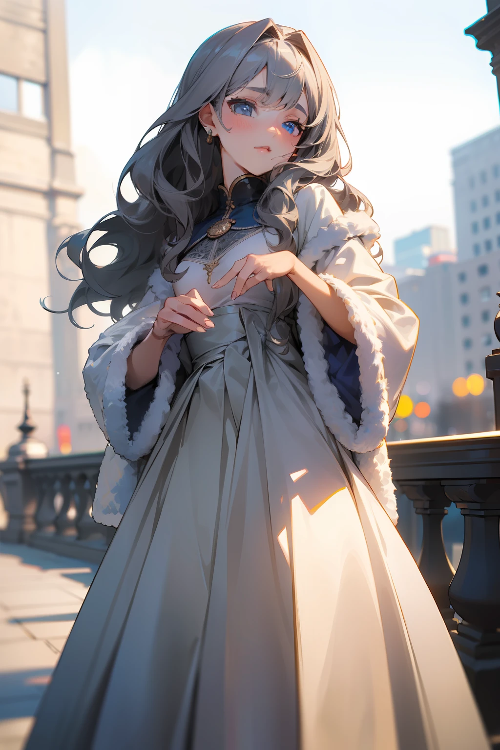 (masterpiece, best quality), intricate details, 8k, sharp focus, (bokeh) (best quality) (detailed skin:1.3) (intricate details) (8k) (detailed eyes) (anime) (perfect face) grey hair, blue eyes, wavy hair, medium hair, elegant, beautiful, modern, girl, medium chest, bright, outdoors, winter, fashionable, model, pose, long dress, coat, fur, knitwear