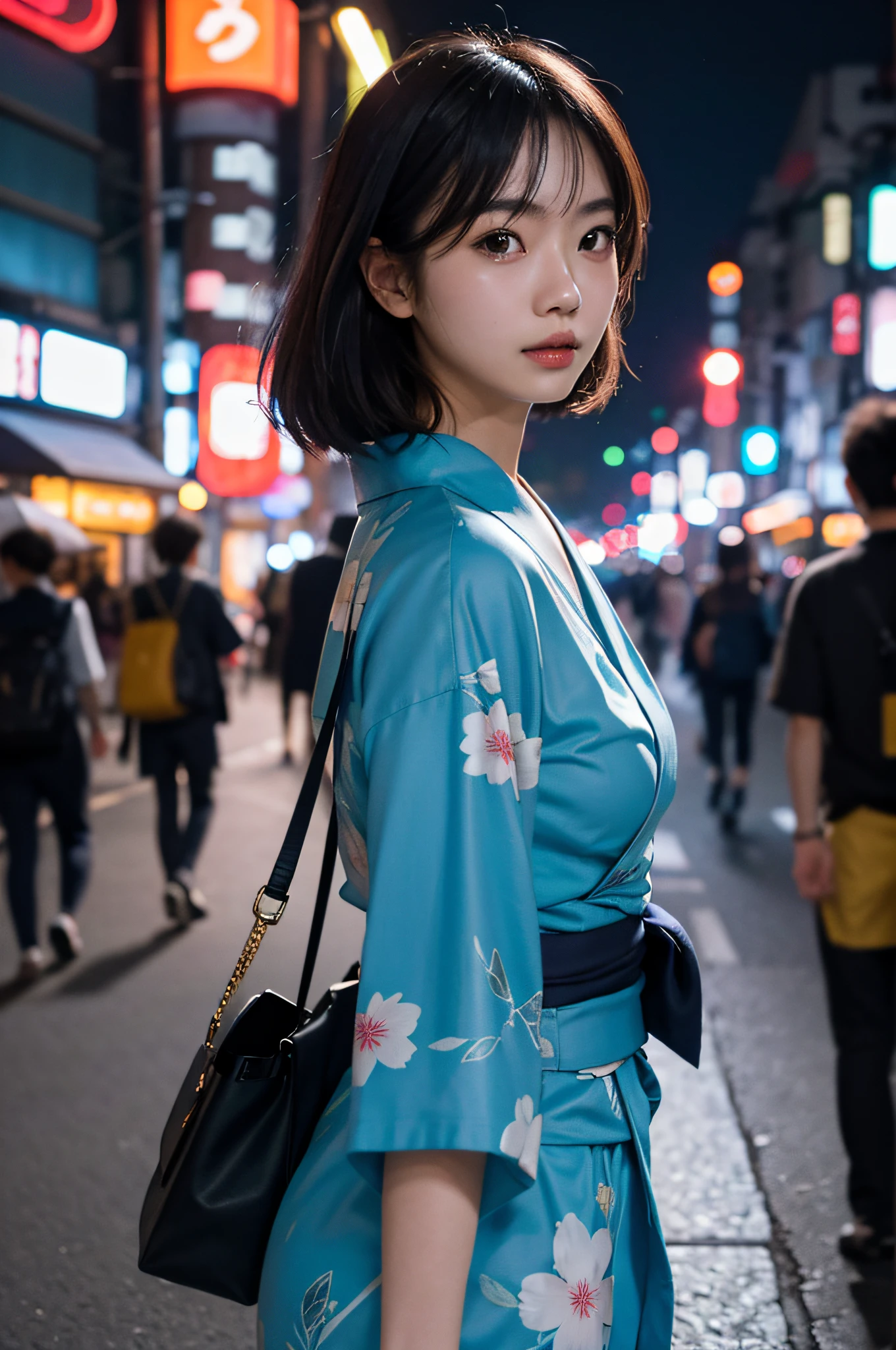 1girl, Tokyo street, summer night, cityscape, yukata, city lights, upper body, close-up, 8k, RAW photo, highest quality, masterpiece, realistic, photorealistic,