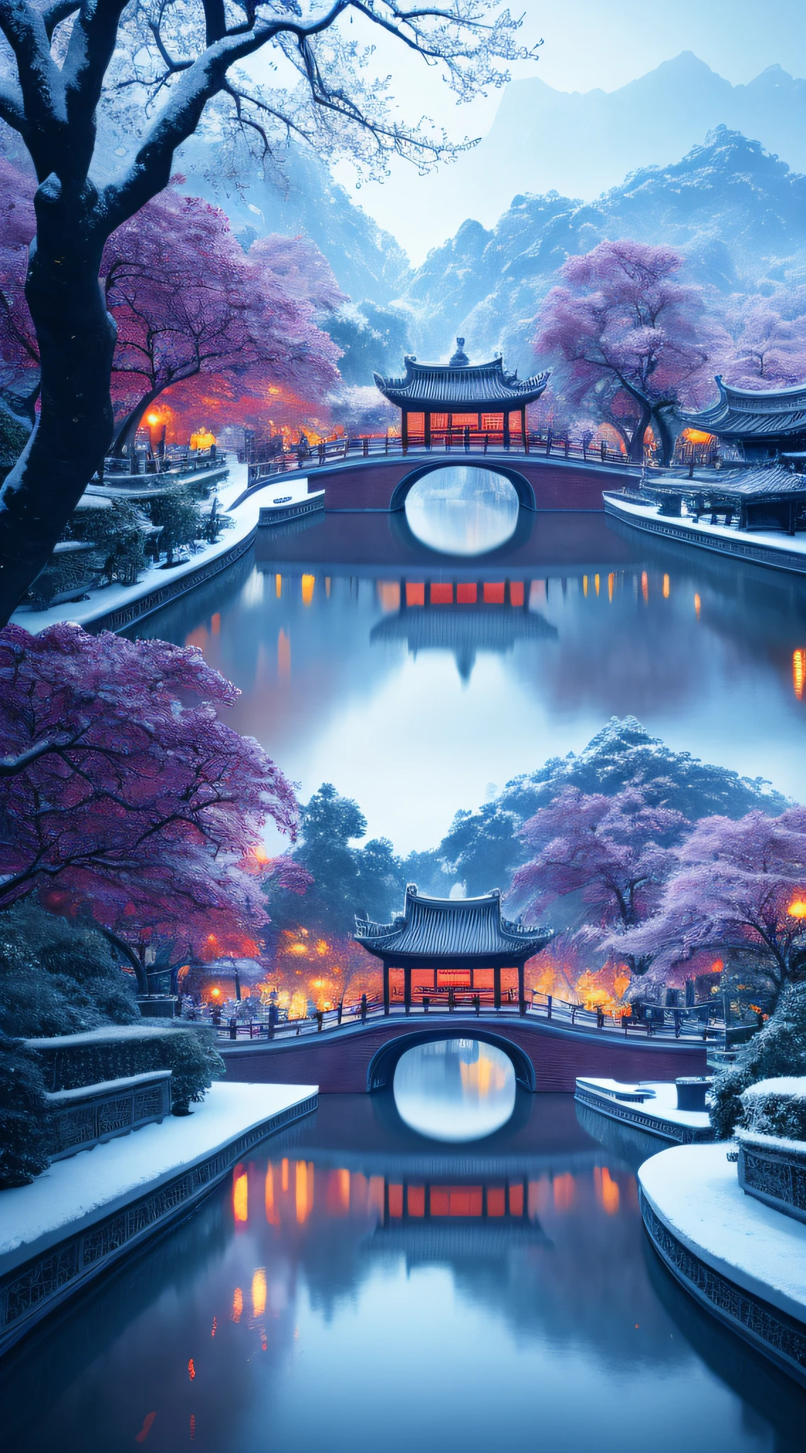 Masterpiece, best quality, high quality, extremely detailed CG unity 8k wallpaper, classical Chinese garden, landscape, amsterdam, winter, ((snowing)), outdoor, sky, daytime, landscape, water, tree, blue sky, waterfall , nature, lake, river, cloudy sky, award winning photography, bokeh, depth of field, HDR, bloom, chromatic aberration, photorealism, very detailed, trending on artstation, trending on CGsociety, intricate, high detail, dramatic, midjourney art