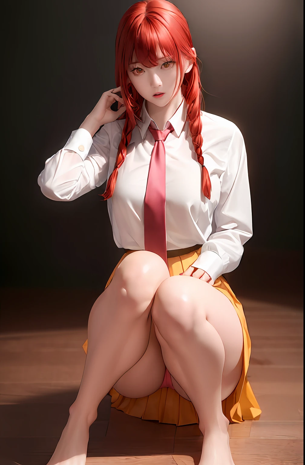 masterpiece, (photorealistic:1.4), best quality, beautiful lighting,
(ulzzang-6500:0.5), makima \(chainsaw man\), (red hair)+(long braided hair)+(bangs), yellow eyes, golden eyes, ((ringed eyes)), (white shirt), (necktie), full body, red pleated skirt, showing pink panties,
RAW photo, 8k uhd, film grain