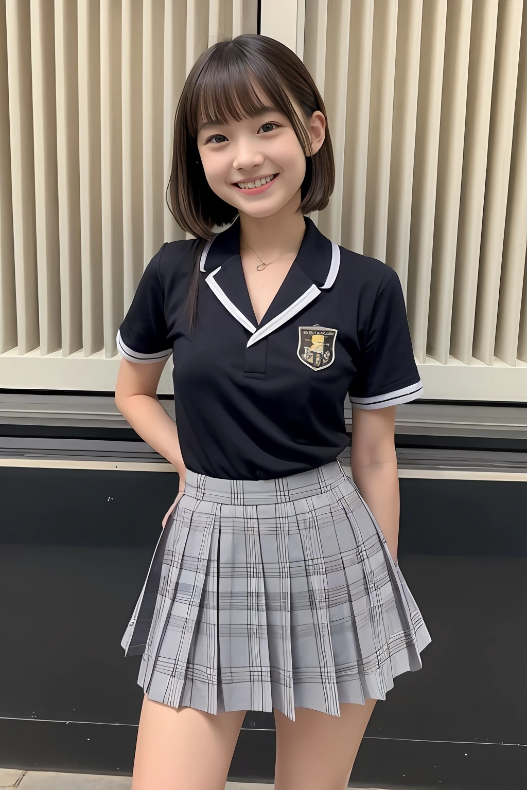 a smile、hi-school girl、校服、a baby face、a short skirt