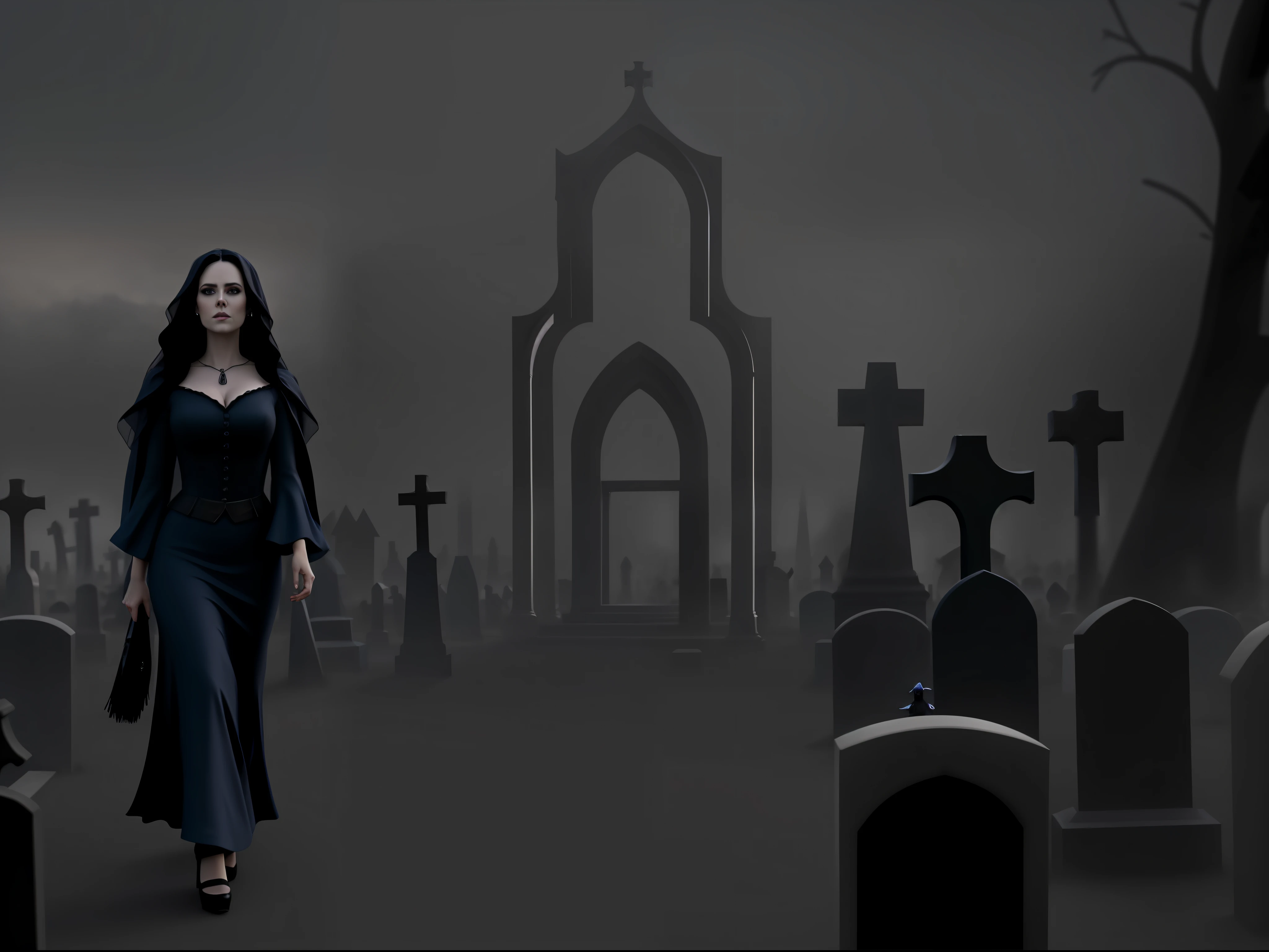 Image of a woman in a blue dress walking in a cemetery, goddess of death in a graveyard, Dark cemetery scene, graveyard background, in a graveyard, Amy Adams como Morticia Addams, 3D render e pintura fosca, in the middle of a graveyard, behind her a gothic cathedral, Twilight ; pintura digital, foto de retrato de pintura fosca, graveyard