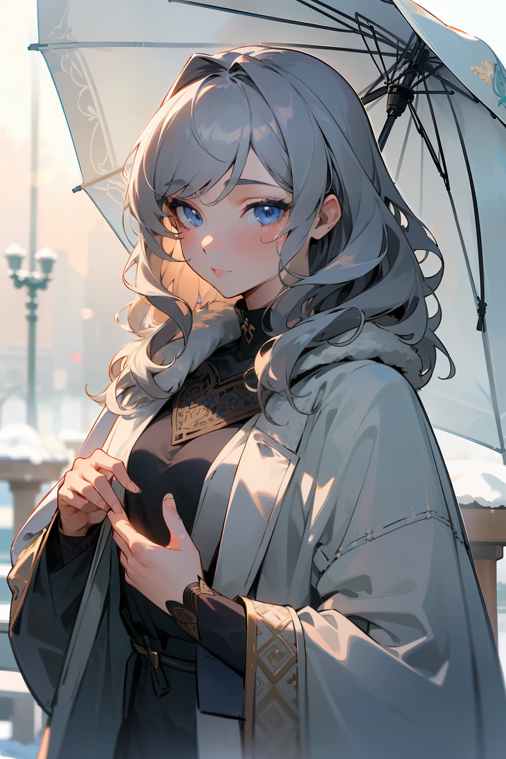 (masterpiece, best quality), intricate details, 8k, sharp focus, (bokeh) (best quality) (detailed skin:1.3) (intricate details) (8k) (detailed eyes) (anime) (perfect face) grey hair, blue eyes, wavy hair, medium hair, elegant, beautiful, modern, girl, medium chest, bright, outdoors, winter, fashionable, model, pose, dress, coat, fur, knitwear