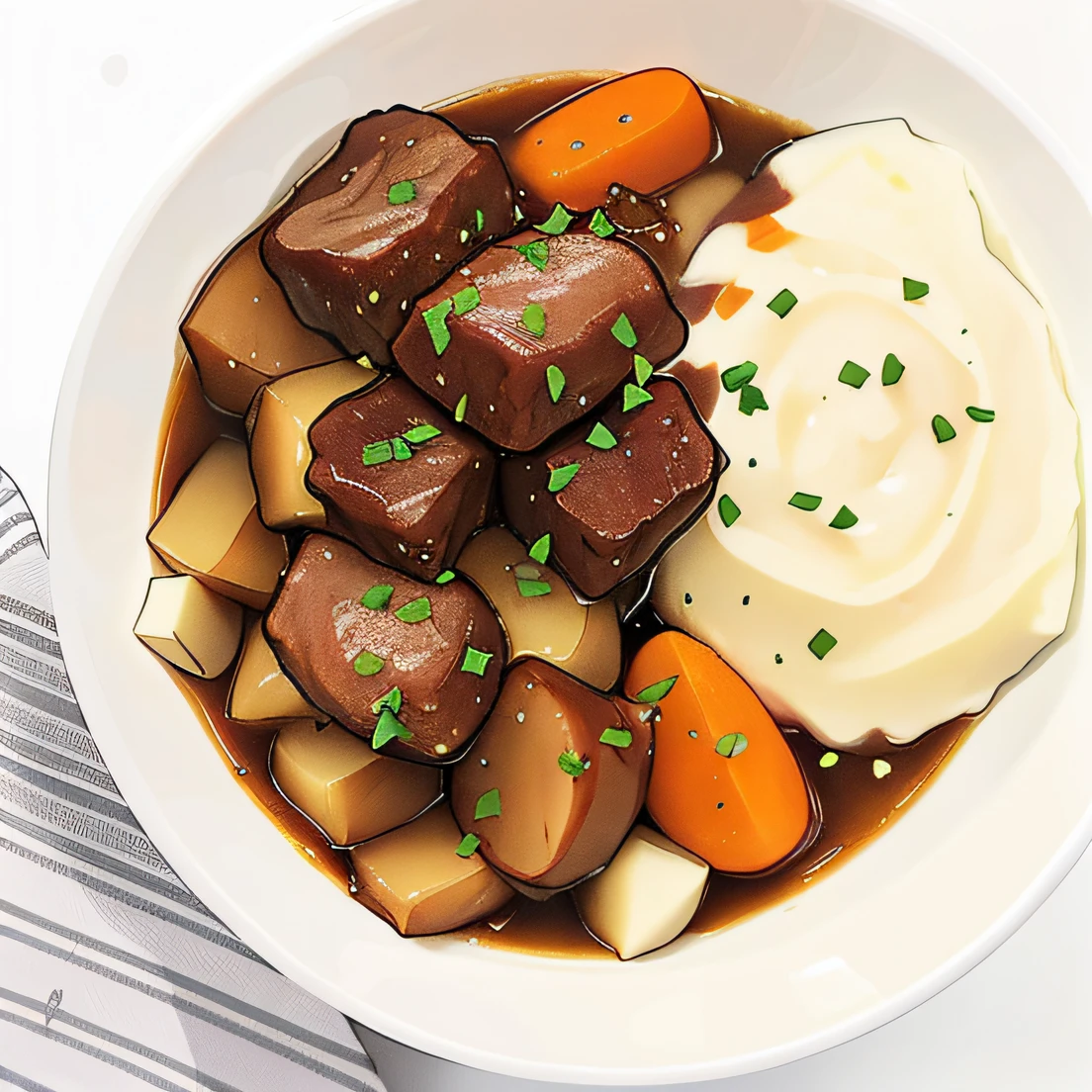 anime style, a close up of a bowl of stew with mashed potatoes and carrots, stew, beef, soft, food, cozy, beutiful!, yummy, high quality food photography, smoky, f 2. 0, jaw dropping, warm, mashed potatoes and gravy, easy, ❤🔥🍄🌪, recipe, boston, well edited, belgium, sf, very beautiful masterpiece