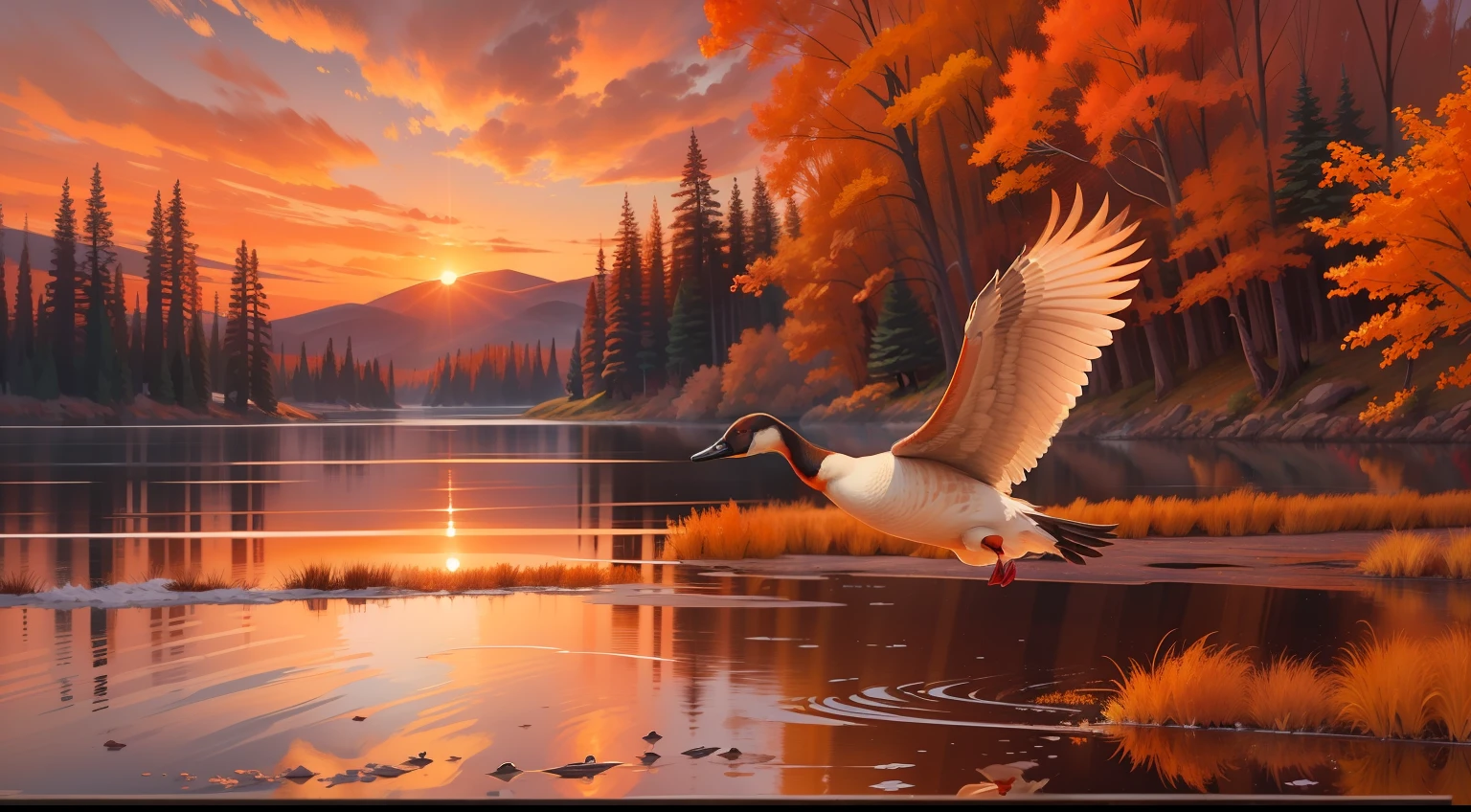 Concept 5: Goose Over Maple Sunset Painting
Description: Painting of a Canada goose flying over a lake at sunset, mirrored in the water surrounded by orange and red maple trees.