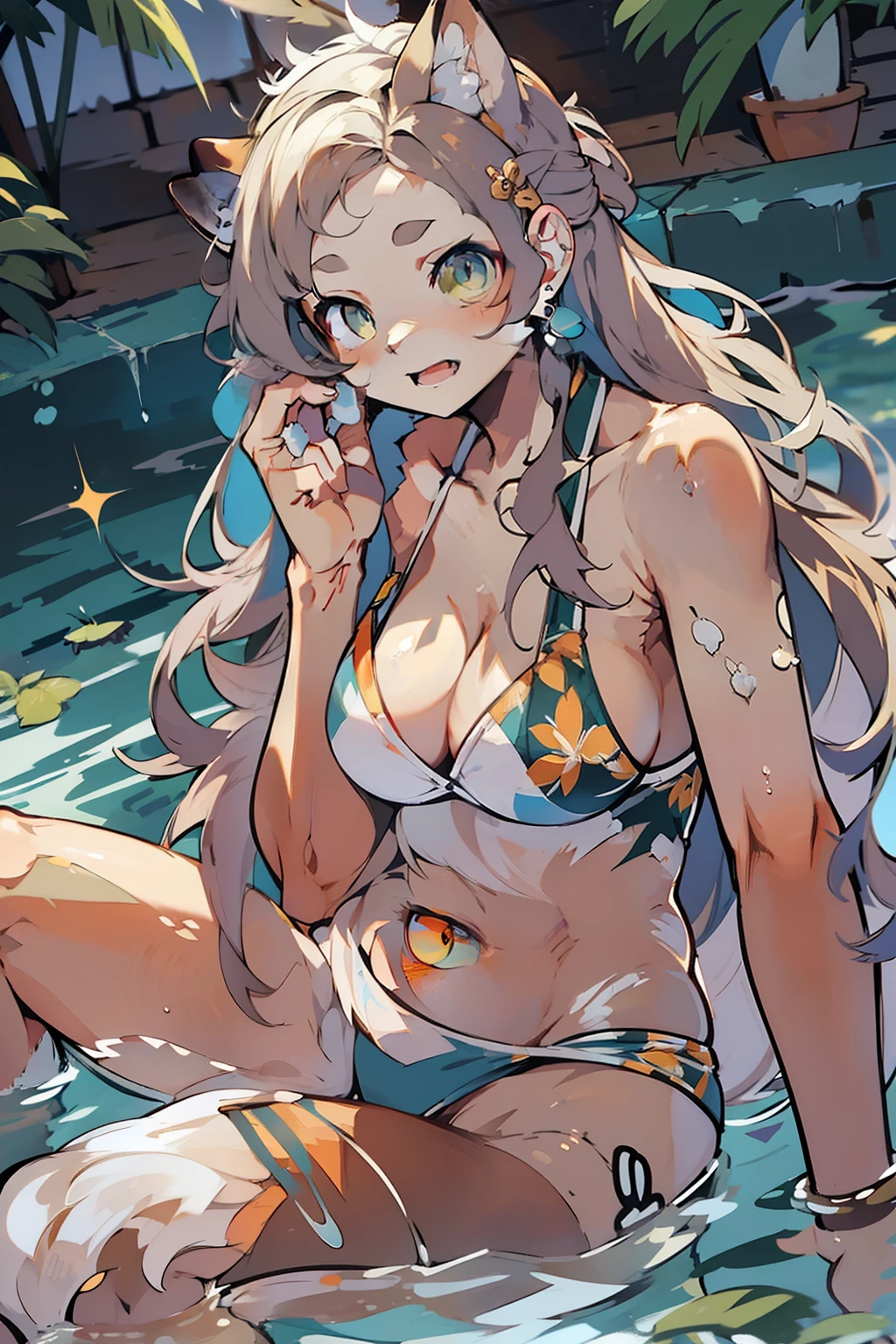 Beautiful fece, illuminating, masterpiece, top-quality, 1girl, 独奏, Samyang, swimer, The bikini, Stylish bikini, tiny chest, cleavage of the breast, suntan lines, portrait shot, looking at the viewers, A detailed face, A detailed eye, Detailed hair, Partially submerged, Outdoor pool, wetted skin, wetting hair, High quality water, HD, 4k, Super Settings