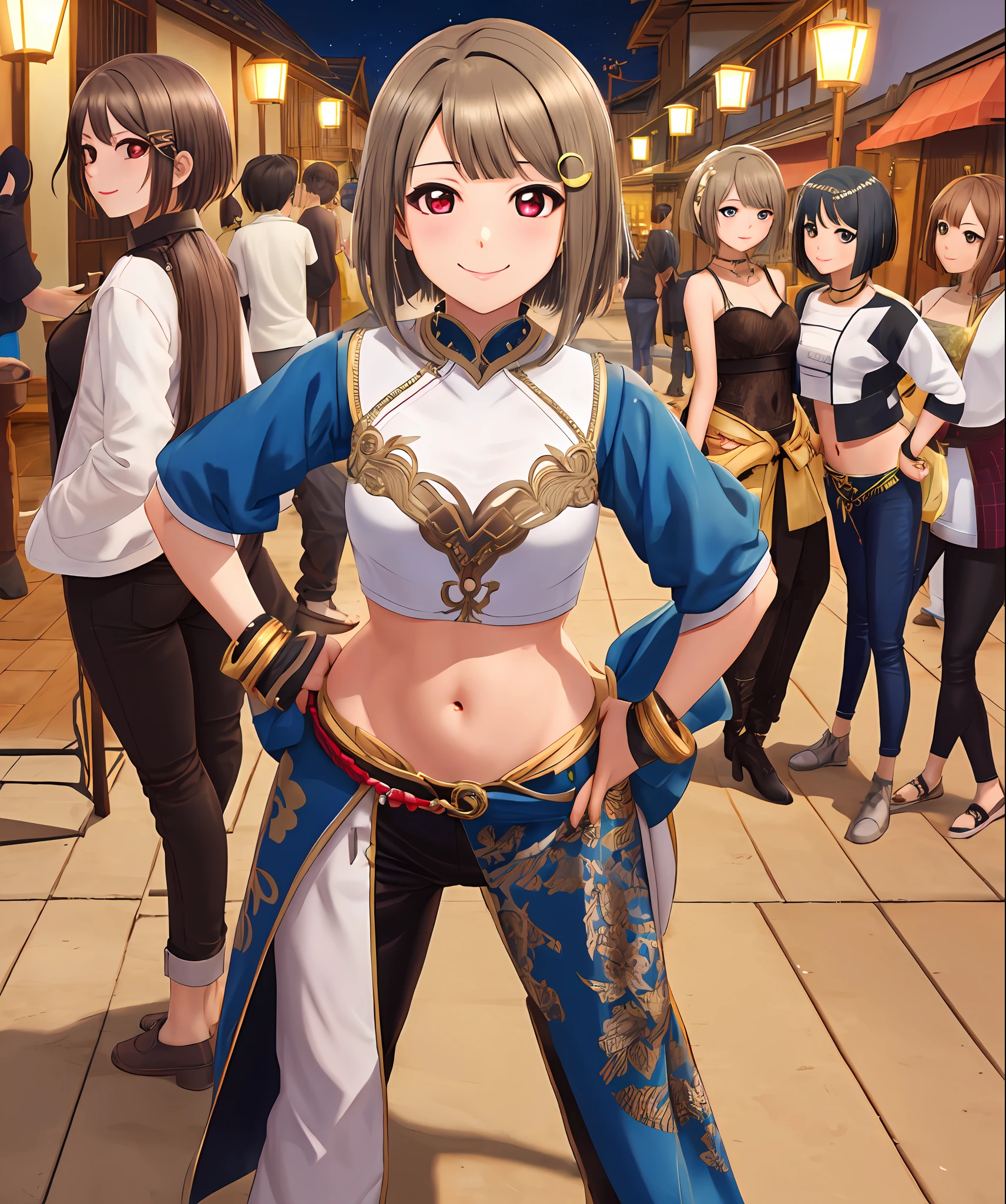 First person view ,seductive smile,facing another,nakasu kasumi, bob cut, light brown hair, short hair, blunt bangs, crescent, crescent hair ornament, hair ornament, hairclip,crop top, jewelry clothes,harem pants,low waist pants ,navel, night, hands on hips