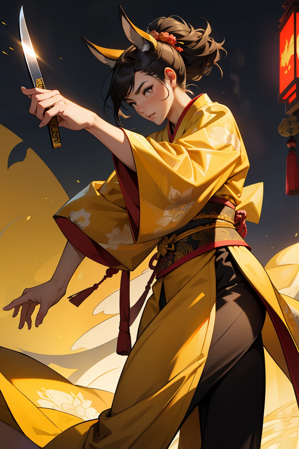 （Best quality at best），Detailed oriental architectural background，King of the East，woman，martial art，hoofer，Dressed in a gorgeous yellow kimono，With a knife，Wear slim pants