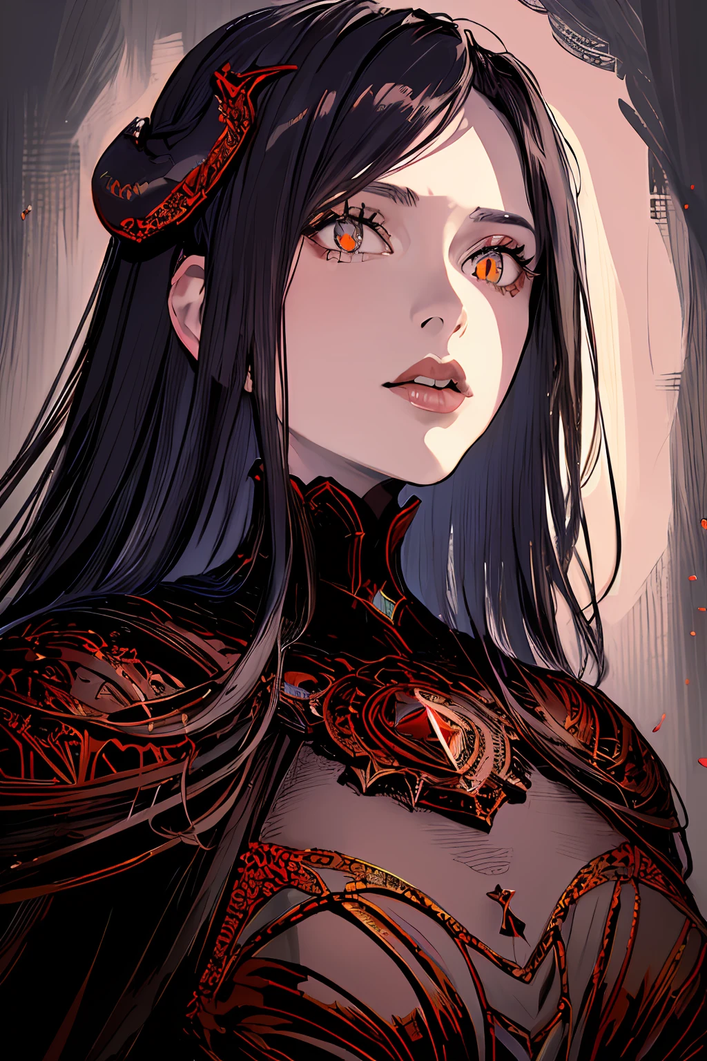 (masterpiece, top quality, best quality, official art, beautiful and aesthetic:1.2), cateyes,1girl, solo, (Stunning Eyes), armour, magic, light particles, upper body, extreme detailed, highest detailed, optical mixing, playful patterns, lively texture, unique visual effect, ((dark fantasy)), (darker colours:1.3), Ominous energy, eldritch Horror, ((Intricate Details)), (crimson colours)