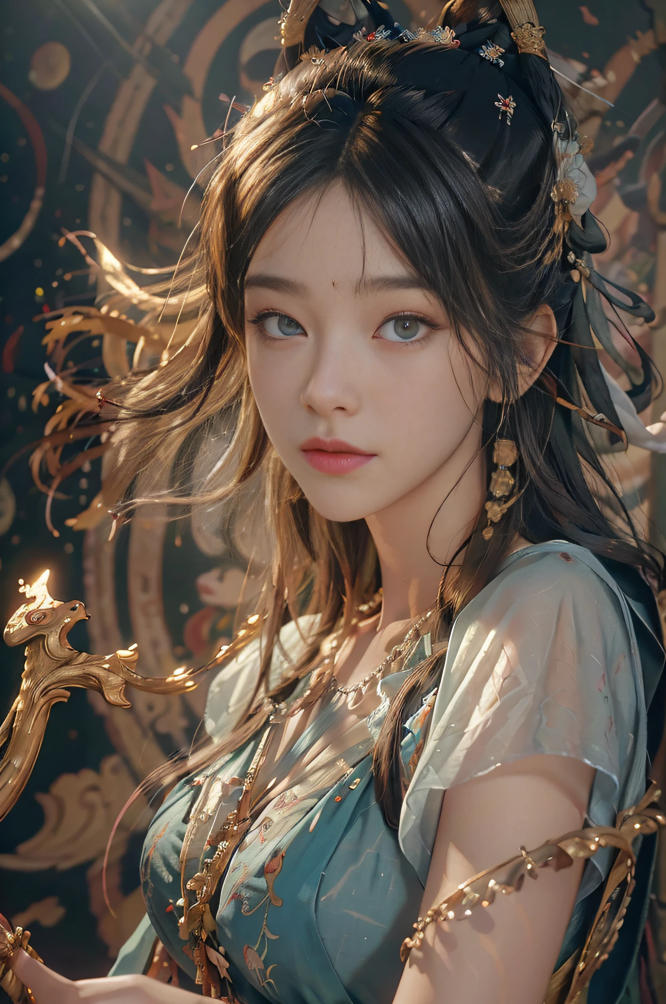 (RAW photo, best quality), (realistic, photo-realistic:1.3),best quality,highly detailed,masterpiece,ultra-detailed,illustration,1girl,upper_body,dynamic angle,world masterpiece theater,messy_long_hair,best quality,extremely detailed CG unity 8k wallpaper,ink,Amazing,cinematic lighting,lens_flare, dunhuang_style