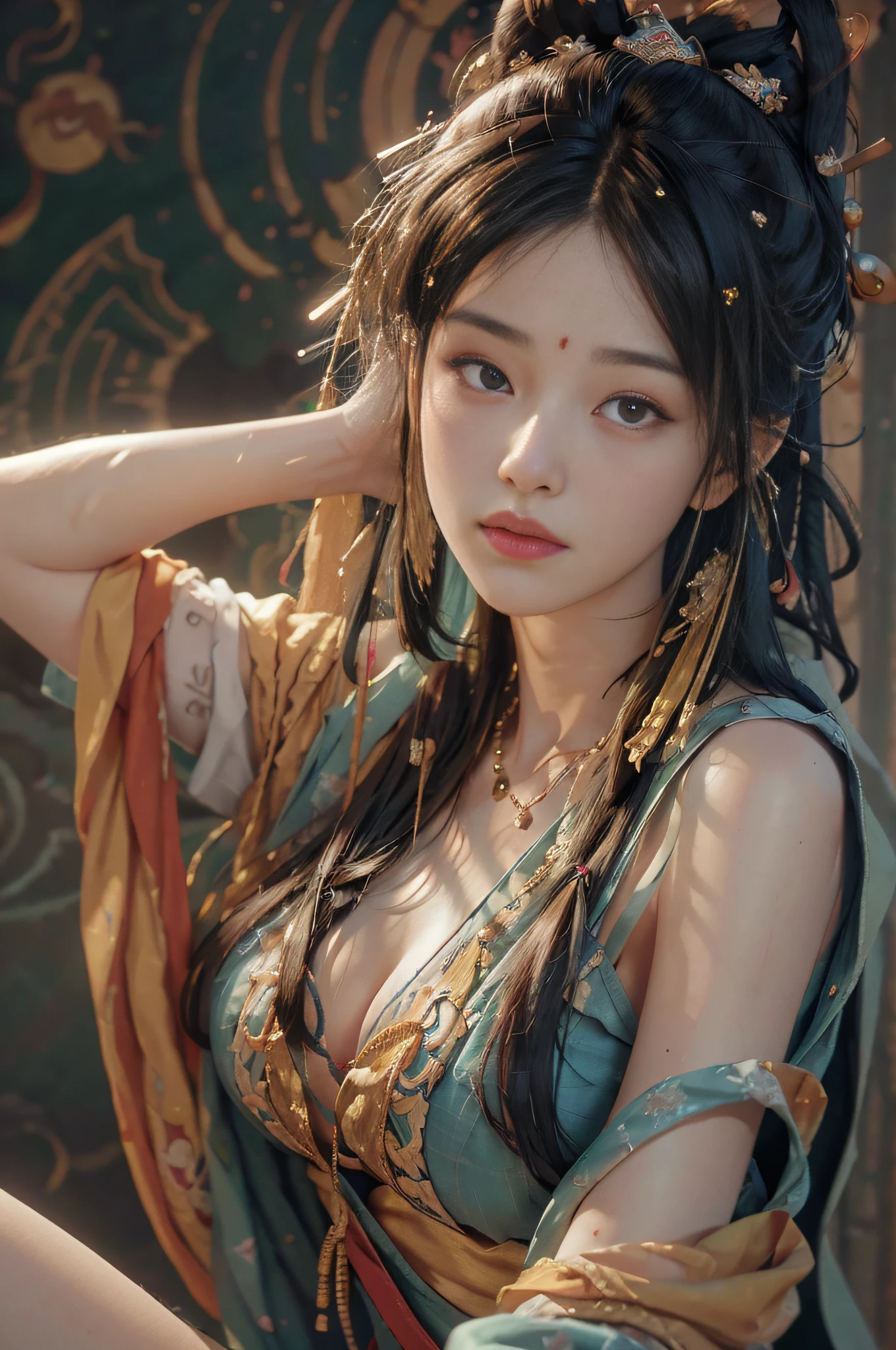 (RAW photo, best quality), (realistic, photo-realistic:1.3),best quality,highly detailed,masterpiece,ultra-detailed,illustration,1girl,upper_body,dynamic angle,world masterpiece theater,messy_long_hair,best quality,extremely detailed CG unity 8k wallpaper,ink,Amazing,cinematic lighting,lens_flare, dunhuang_style