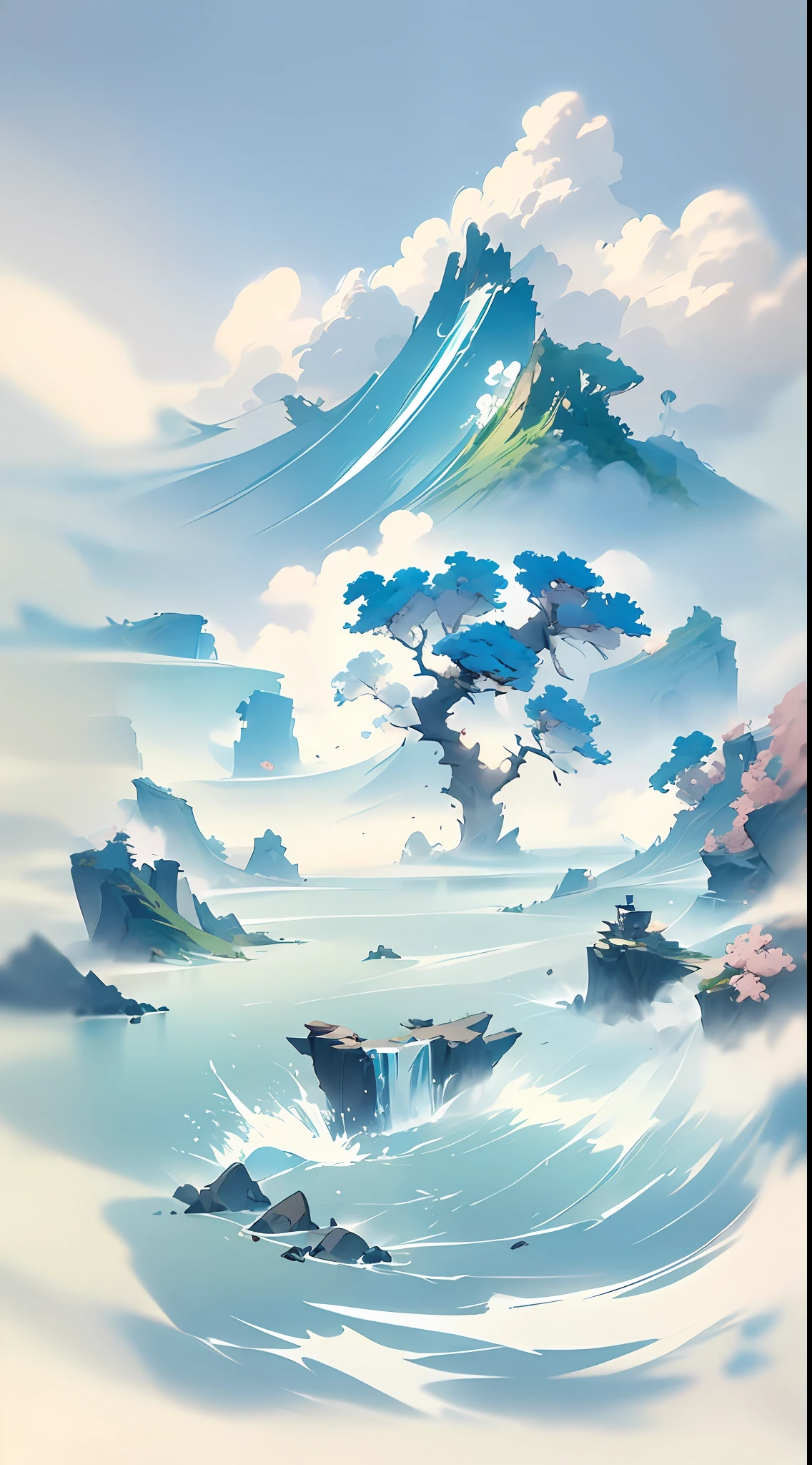 The background of the picture is peaceful by the sea, and the sun was shining brightly, The waves lapping against the reef, Melodious voice。Strange clouds stand out, Shapes vary, Light feathers, Fluffy marshmallows, Dripping waterfall。Chinese landscape painting high angle view OC rendering sculpture--s 750