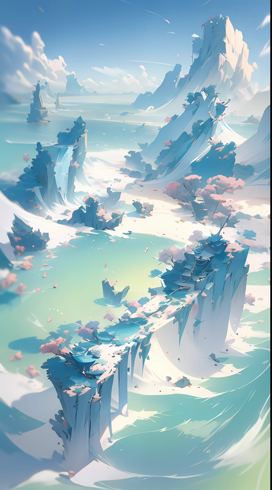 Chinese landscape painting high angle view OC rendering sculpture--s 750 ,The background of the picture is peaceful by the sea, and the sun was shining brightly, The waves lapping against the reef, Melodious voice。Strange clouds stand out, Shapes vary, Light feathers, Fluffy marshmallows, Dripping waterfall。