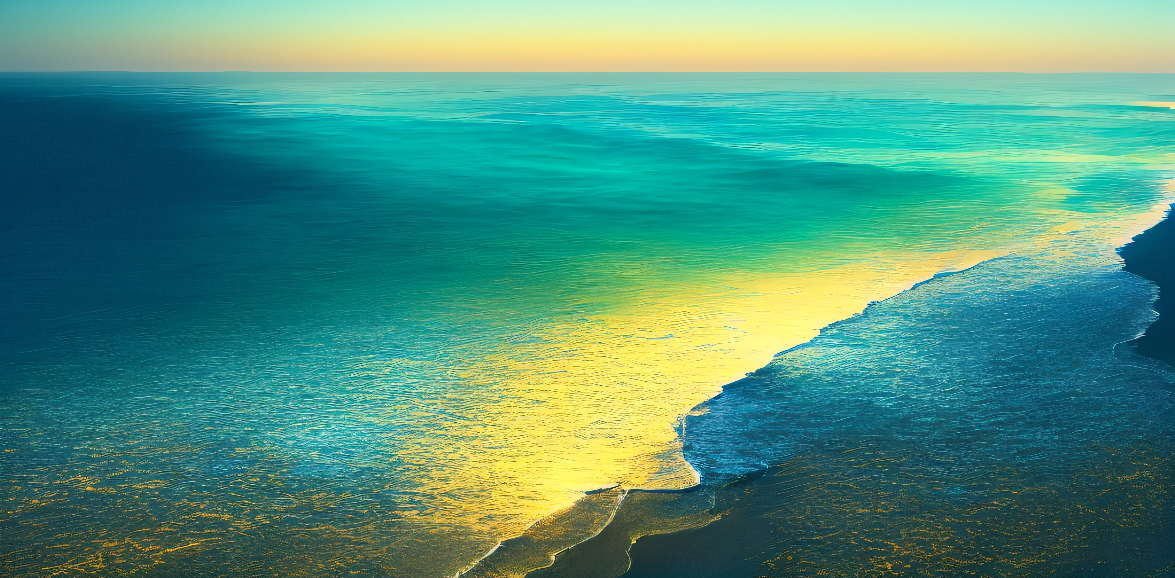 Ocean blue,pale-blue,blue colors,Enjoy the Alavid view of the city skyline from the height of the waves, glow wave, Ultra detail. Digital painting, sand swirling, shimmering iridescent water, glowing water, glowing reflections, wavy water, gold refractions off water, gold and blue, cinematic blue and gold, abstract photography, 8K wallpaper, 8 k wallpaper, in stunning digital paint