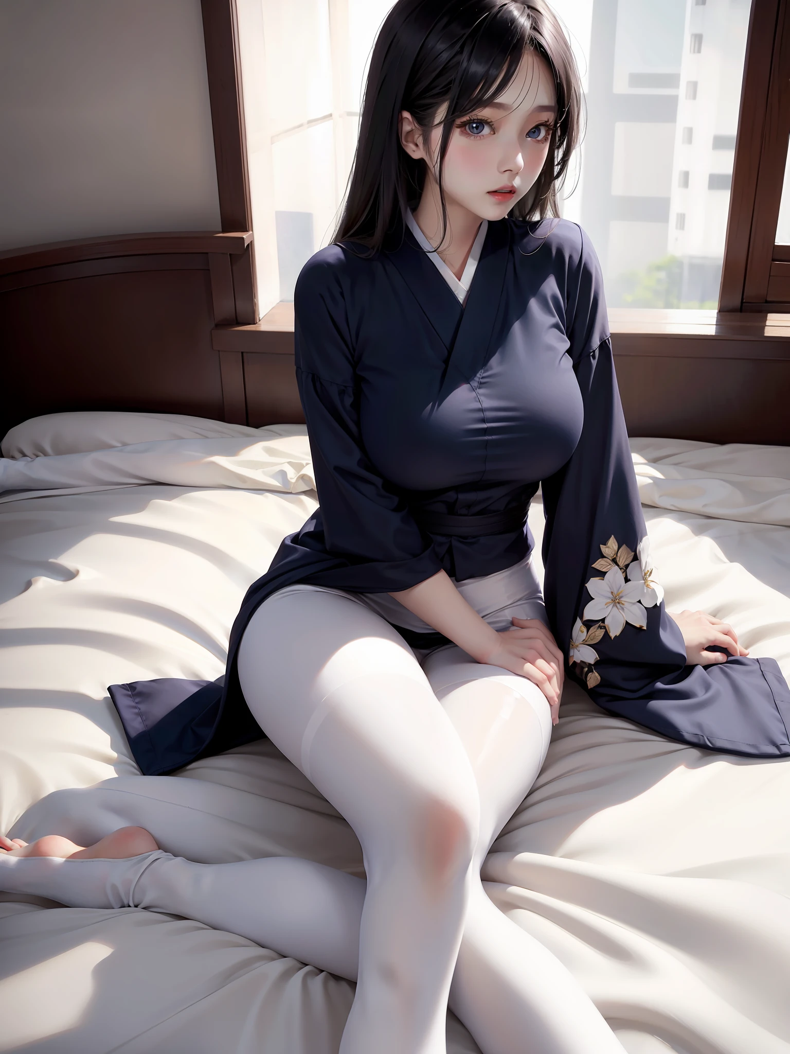 A woman in leggings, sitting on bed, smooth white tights, big breasts, japanese model, high resolution